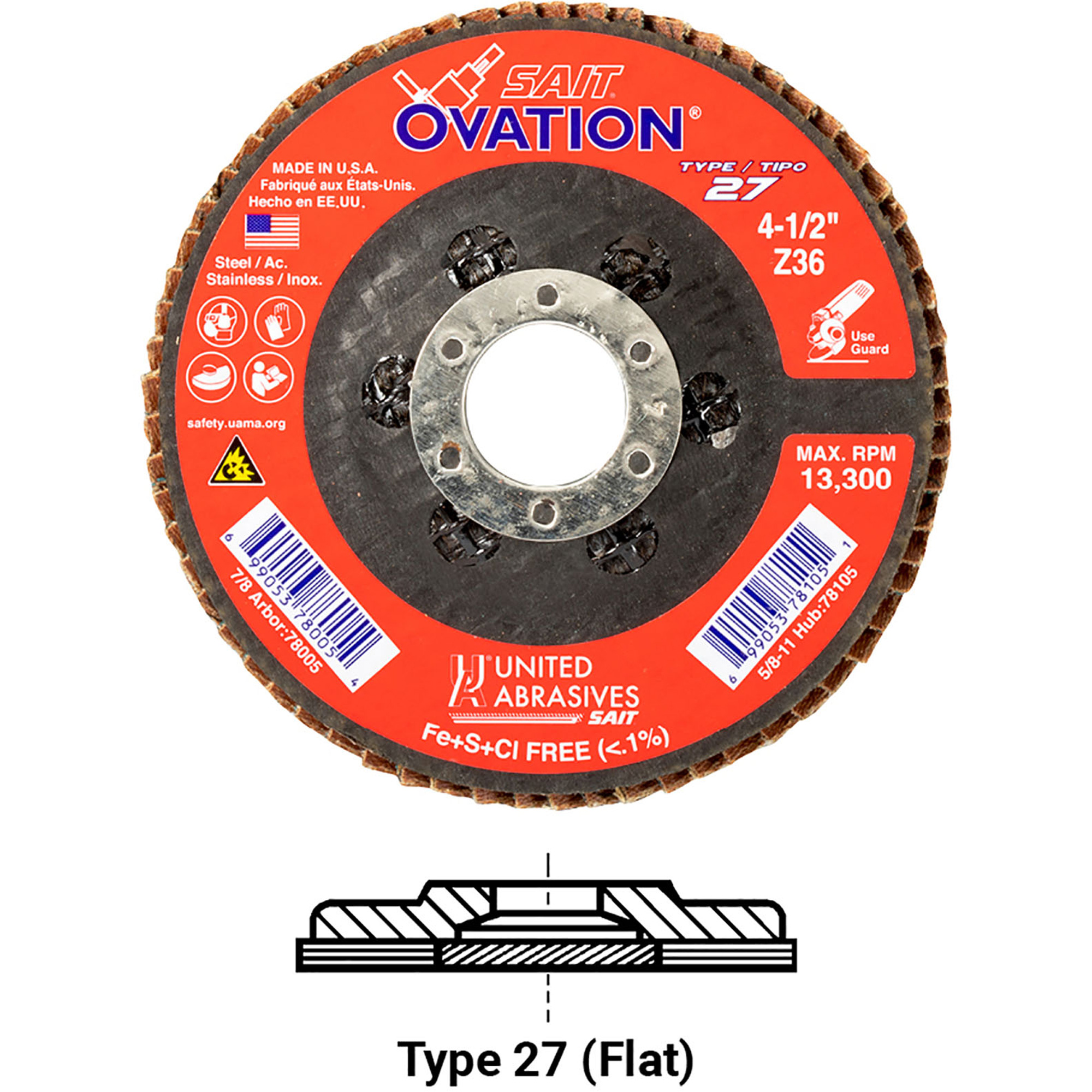 OVATION MEULE LAMELLE41/2X5/811 GRAIN 60, 4-1/2" x 5/8"-11, Type 27, Grain 60, Zirconium
