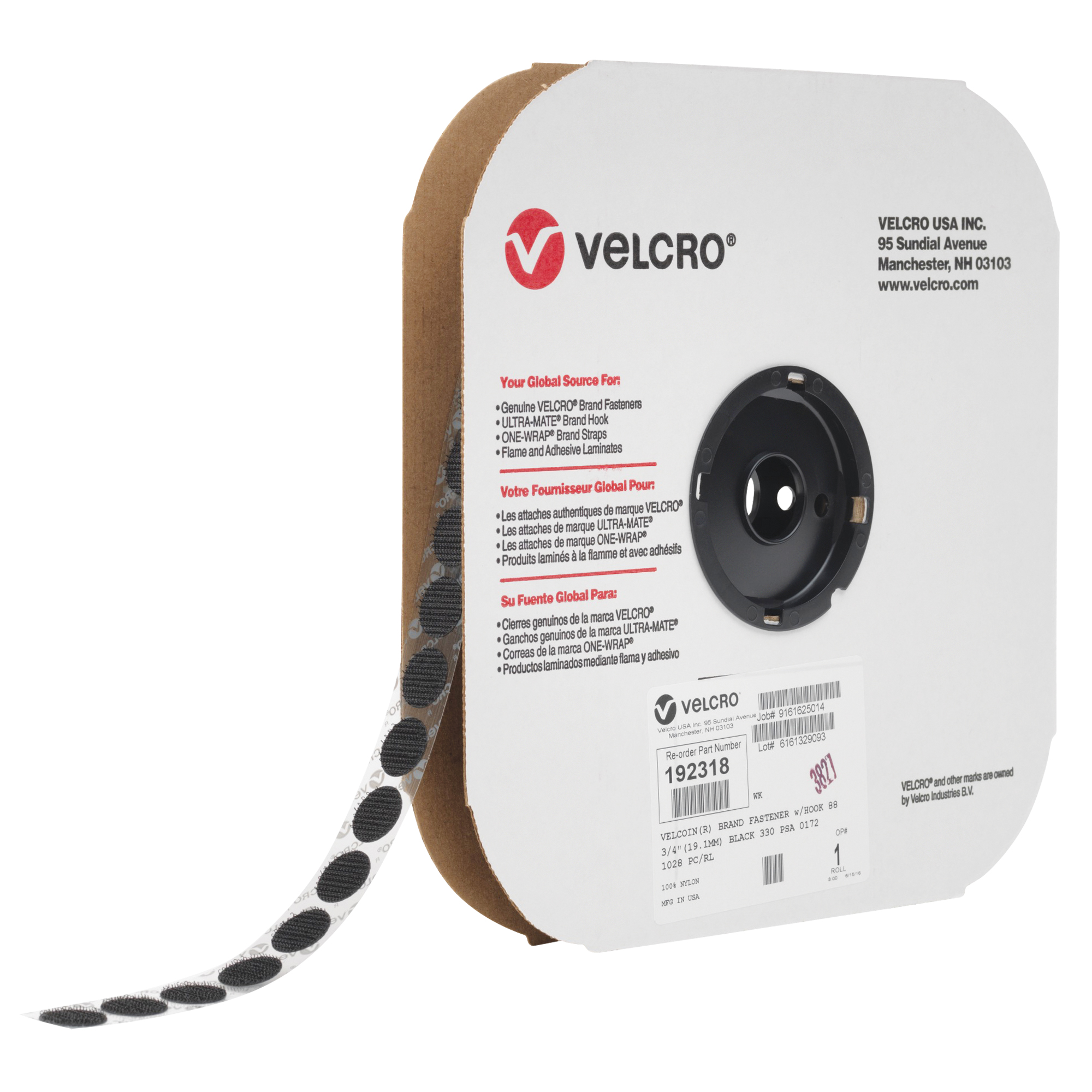 Attache VelcoinMD, Boucle, 3/4" dia., Adhésif, Noir