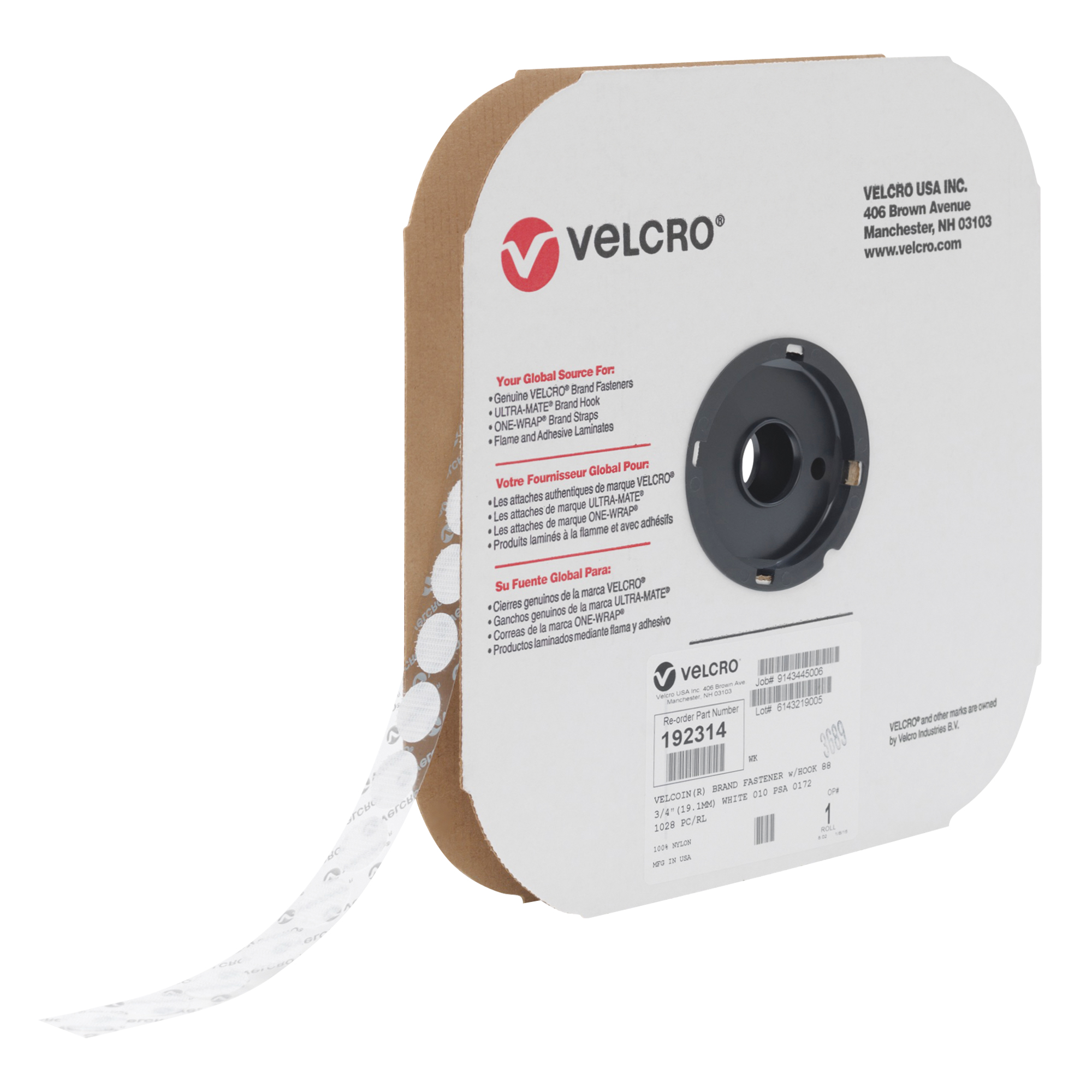 Attache VelcoinMD, Crochet, 3/4" dia., Adhésif, Blanc