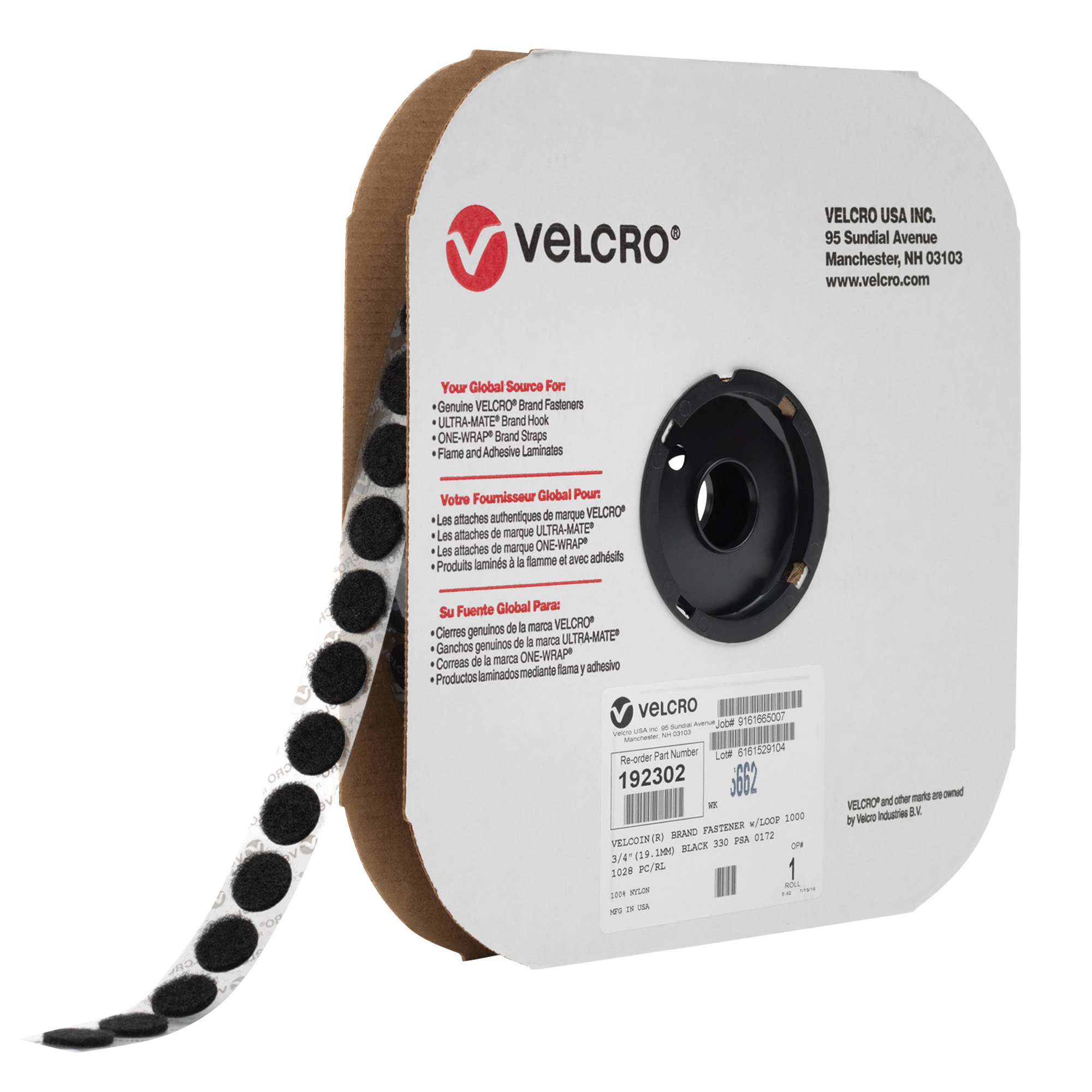 Attache VelcoinMD, Crochet, 3/4" dia., Adhésif, Noir