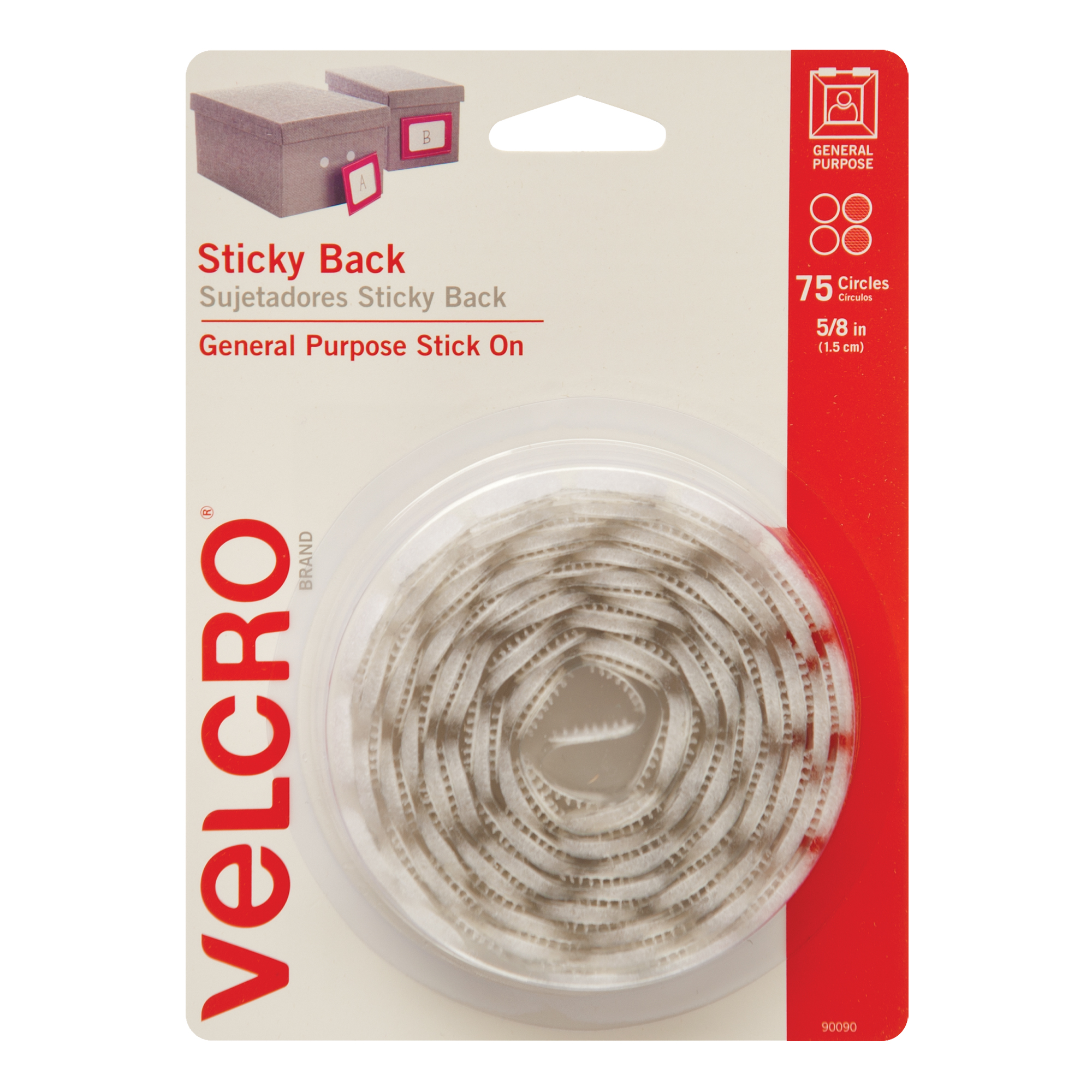 Attaches en jeton, Boucle et crochet, 5/8" dia., Adhésif, Blanc