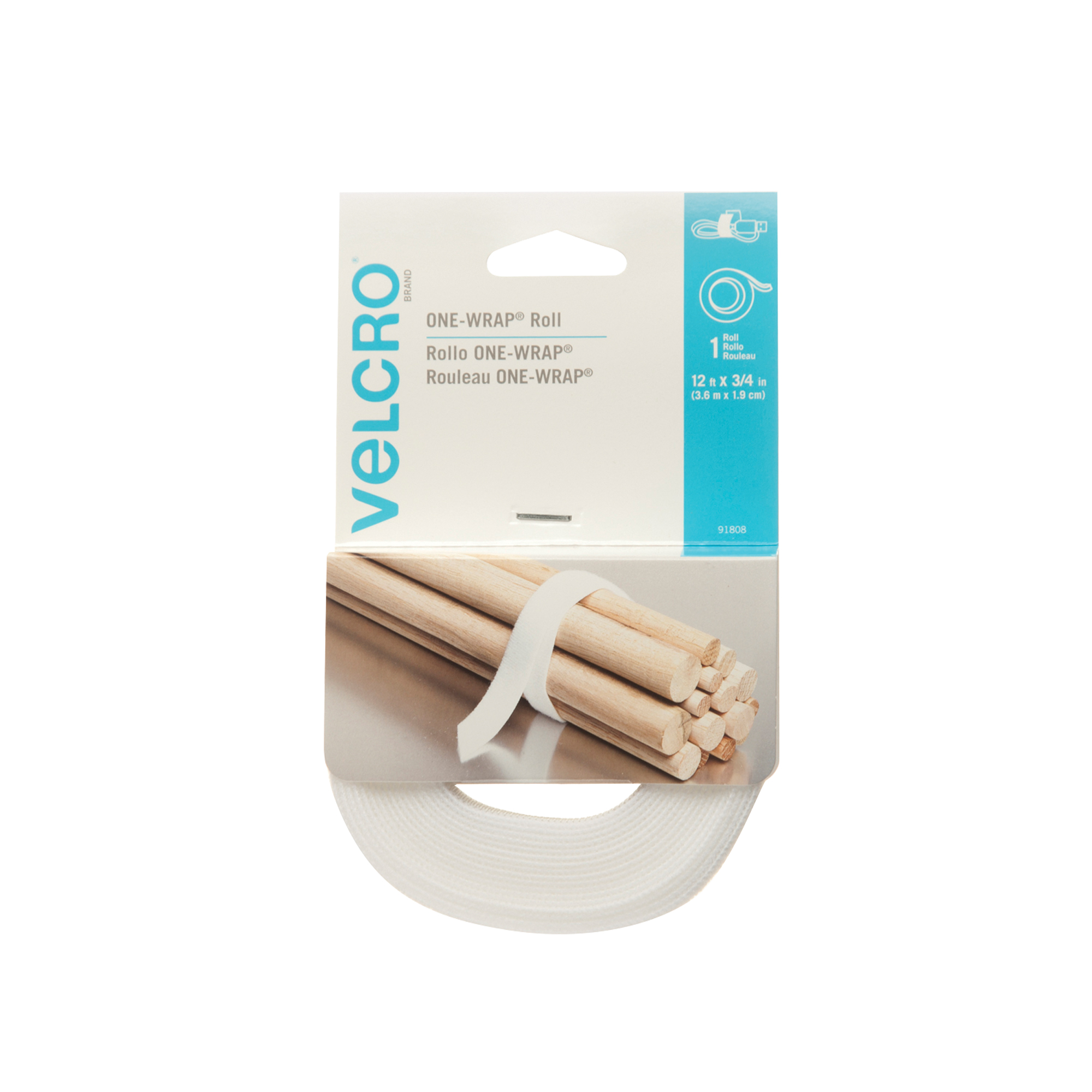 Ruban d'attaches One-WrapMD, Boucle et crochet, 12' x 3/4", Auto-aggripant, Blanc