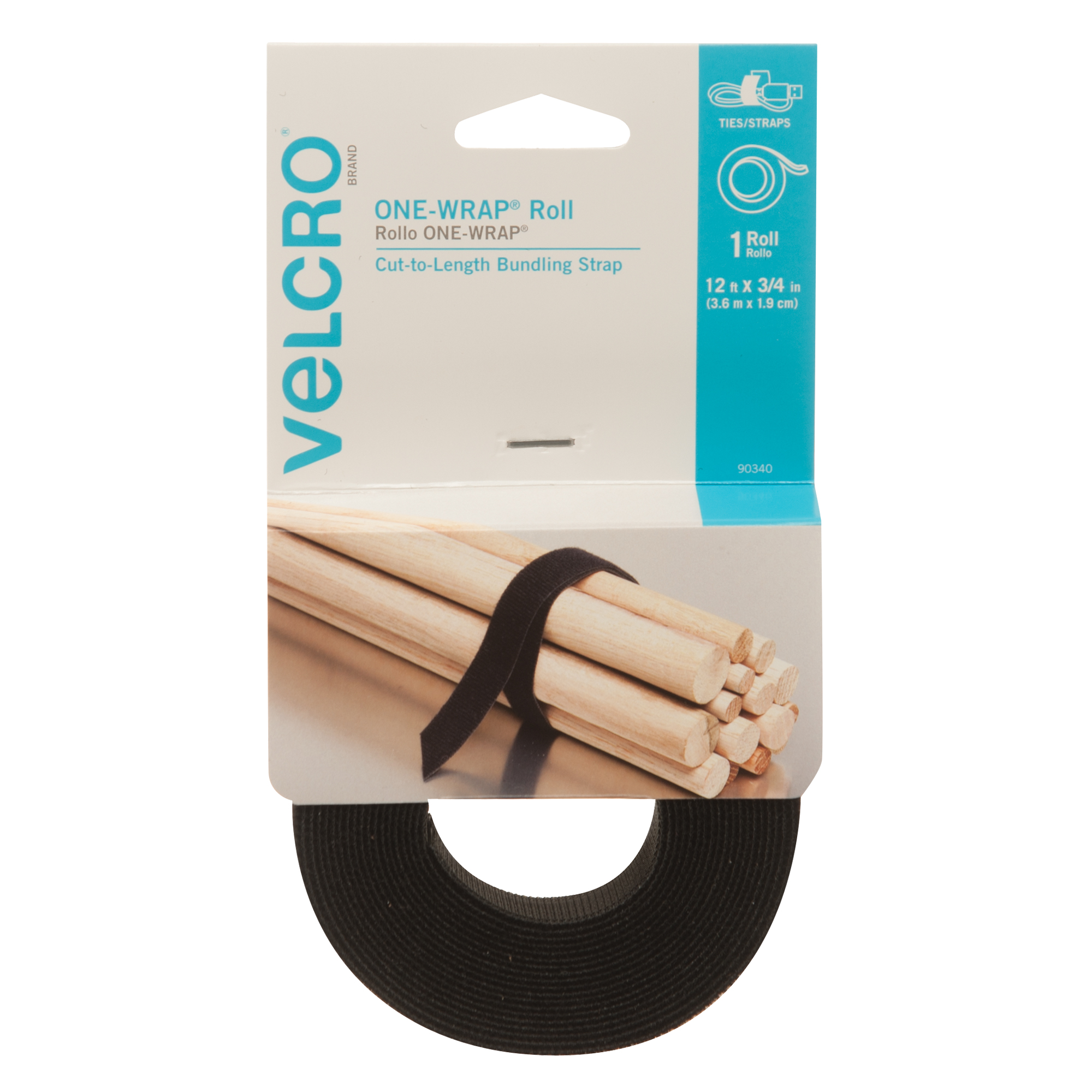 Ruban d'attaches One-WrapMD, Boucle et crochet, 12' x 3/4", Auto-aggripant, Noir