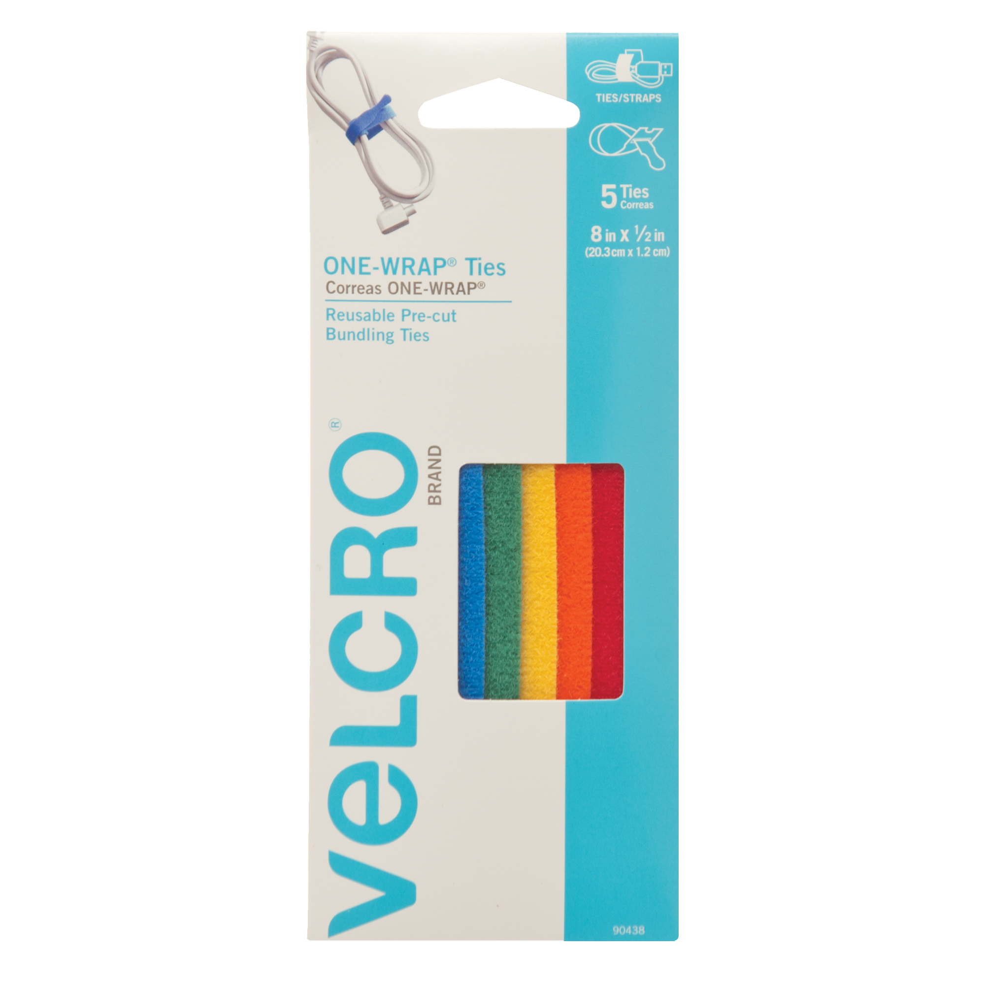 Ruban d'attaches One-WrapMD, Boucle et crochet, 8" x 1/2", Auto-aggripant, Multicolore