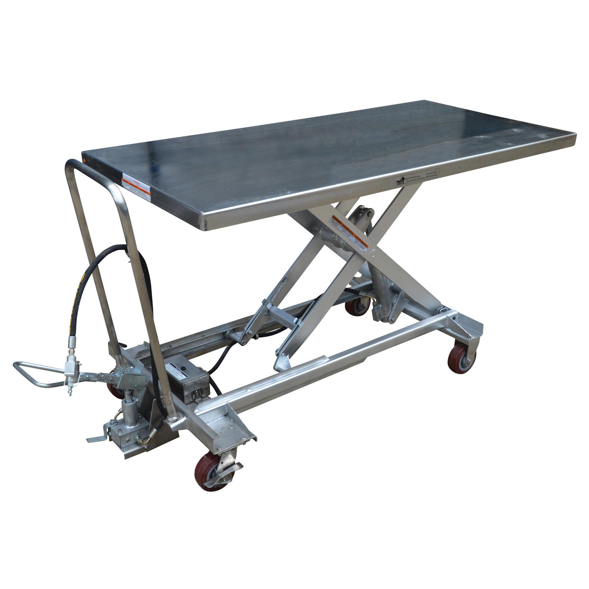 Table élévatrice à ciseaux hydraulique pneumatique, Acier inoxydable, 63" lo x 31-1/2" la, Cap. 1000 lb