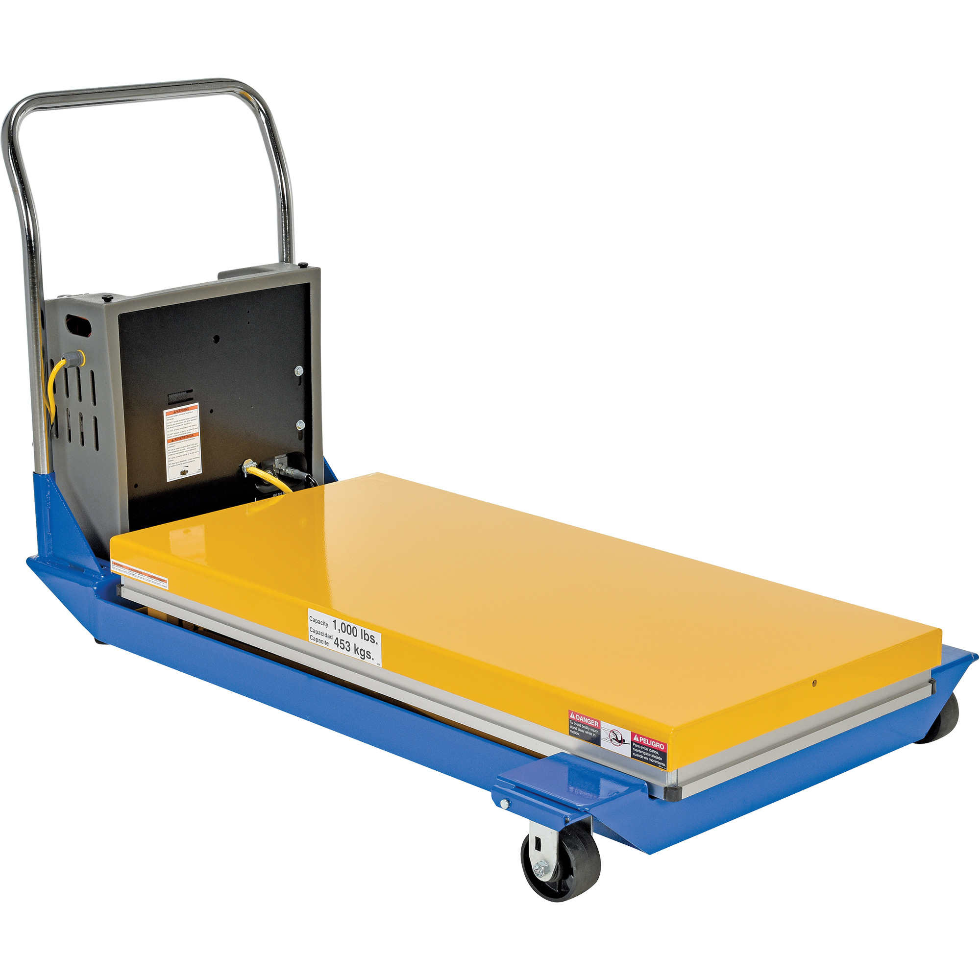 Table élévatrice alimentée c. c. et manuelle à ciseaux, Acier, 48" lo x 24" la, Capacité 1000 lb