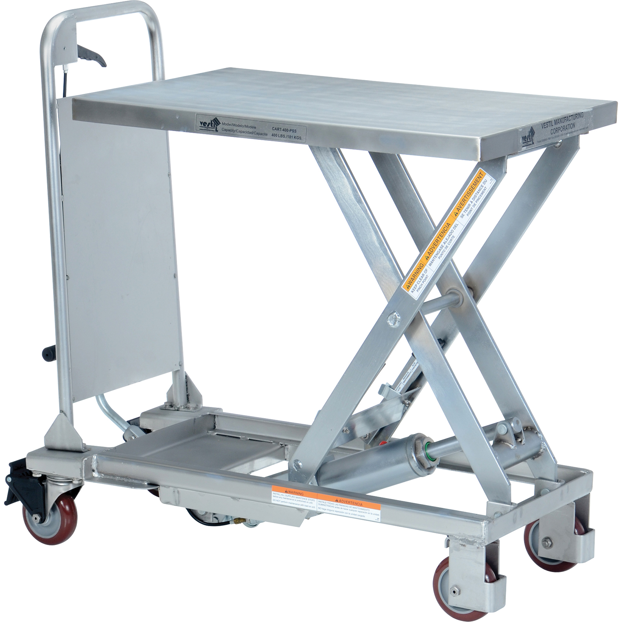 Table élévatrice hydraulique manuelle à ciseaux, 27-1/2" lo x 17-5/8" la, Partiellement en acier inoxydable, Capacité 400 lb
