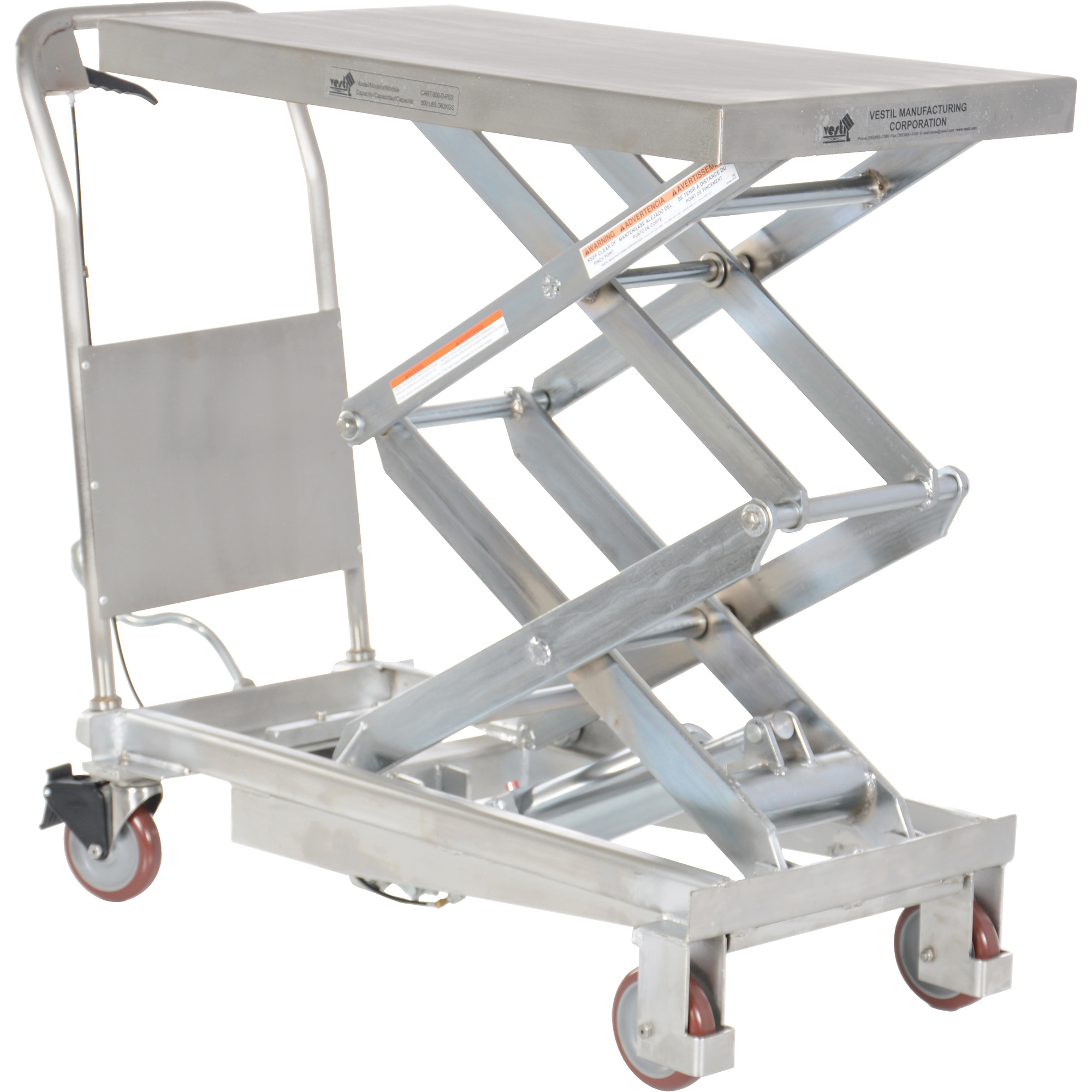 Table élévatrice hydraulique manuelle à ciseaux, 35-1/2" lo x 20" la, Partiellement en acier inoxydable, Capacité 800 lb