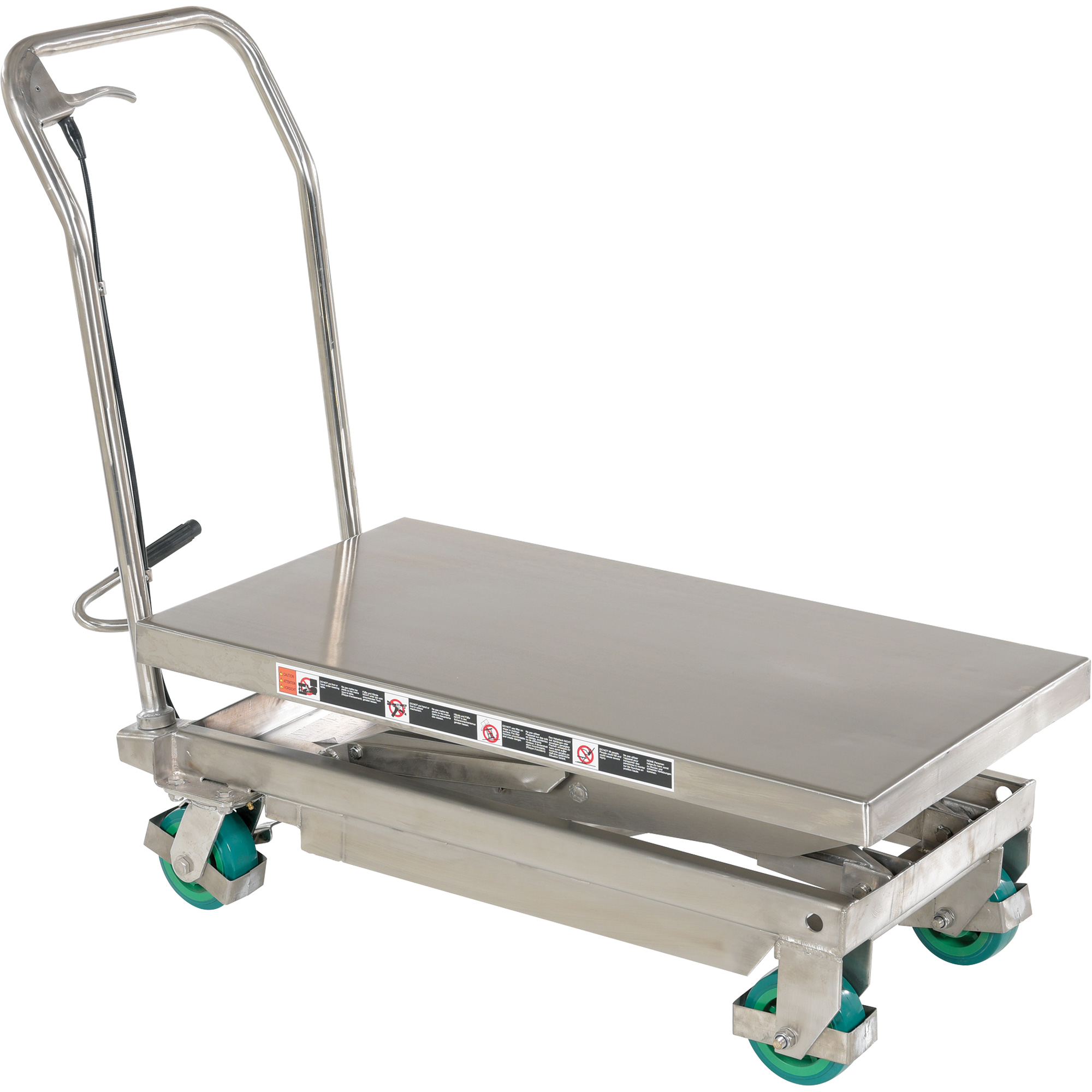 Table élévatrice hydraulique manuelle à ciseaux, 36-1/4" lo x 19-3/8" la, Acier inoxydable, Capacité 600 lb