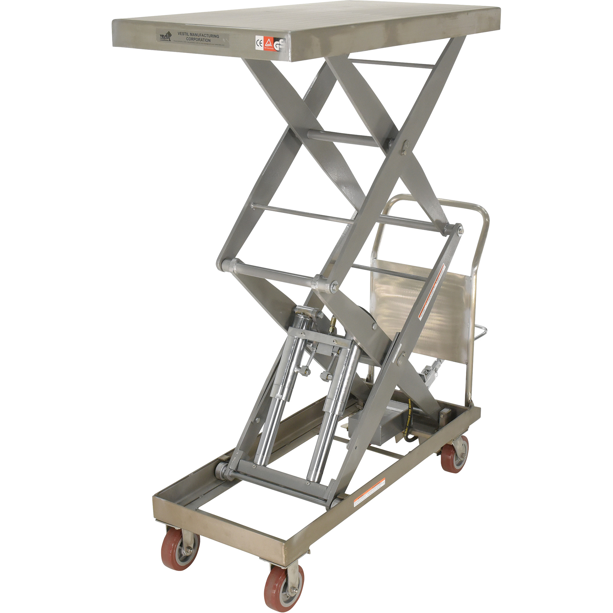 Table élévatrice hydraulique manuelle à ciseaux, 47-1/2" lo x 24" la, Partiellement en acier inoxydable, Capacité 1500 lb