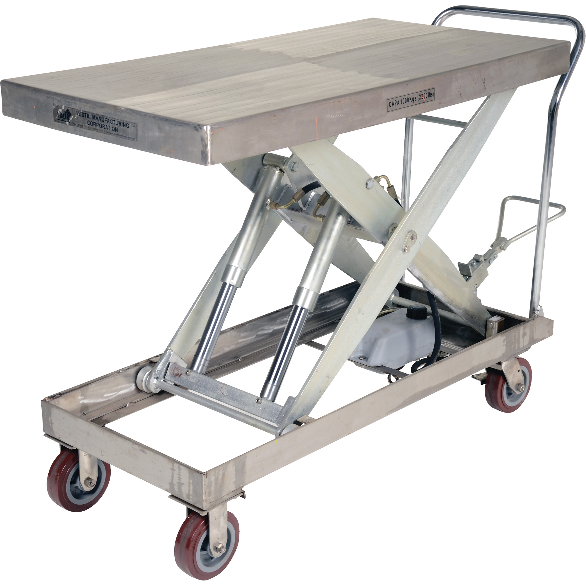 Table élévatrice hydraulique manuelle à ciseaux, 47" lo x 24" la, Partiellement en acier inoxydable, Capacité 2000 lb