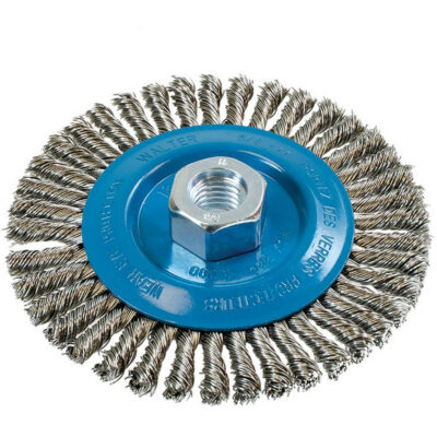 Brosse à fils étroits noués et torsadés, Dia. 5", Fils 0,02", Arbre 5/8"-11, Aluminium/Acier inoxydable