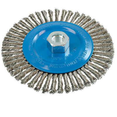 Brosse à fils étroits noués et torsadés, Dia. 6", Fils 0,02", Arbre 5/8"-11, Aluminium/Acier inoxydable
