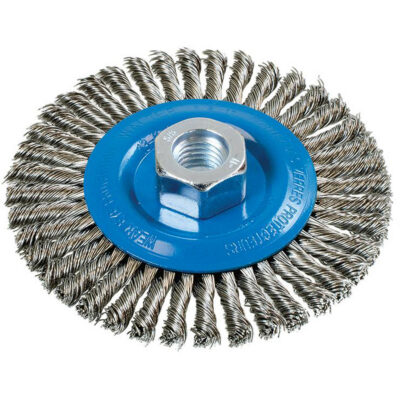 Brosse à fils noués pour cordons de soudure, Dia. 4-1/2", Fils 0,02", Arbre 5/8"-11, Aluminium/Acier inoxydable