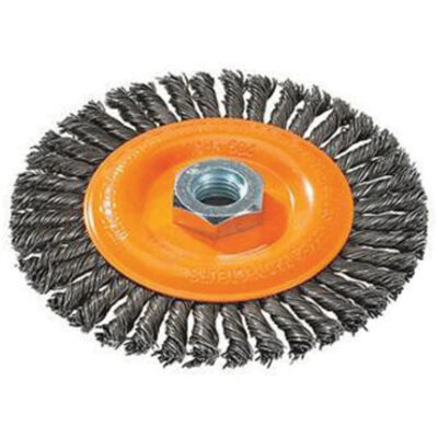 Brosse à fils noués pour cordons de soudure, Dia. 4", Fils 0,02", Arbre 5/8"-11, Acier