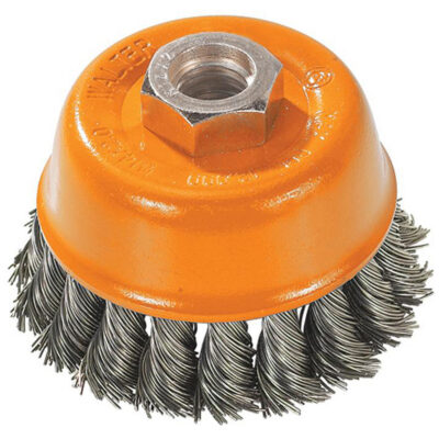 Brosse à fils noués torsadés, 3" dia. x M10x1,5 arbre