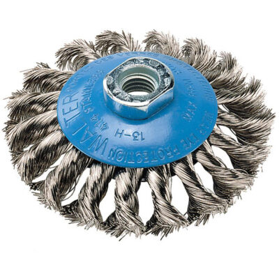 Brosse concave à fils noués torsadés, Dia. 5", Fils 0,02", Arbre 5/8"-11, Aluminium/Acier inoxydable
