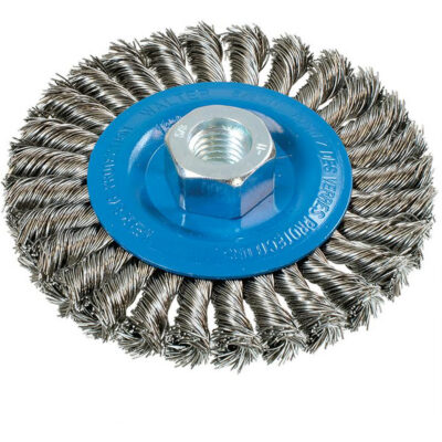 Brosse rotative à fils noués large, Dia. 4-1/2", Fils 0,02", Arbre 5/8"-11, Aluminium/Acier inoxydable