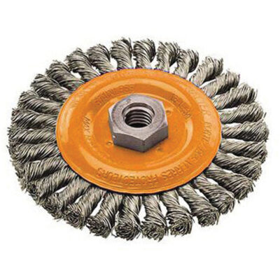 Brosse rotative à fils noués large, Dia. 4", Fils 0,02", Arbre 5/8"-11, Acier