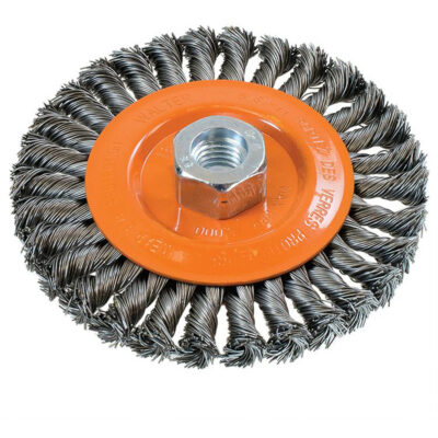 Brosse rotative à fils noués large, Dia. 5", Fils 0,02", Arbre 5/8"-11, Acier