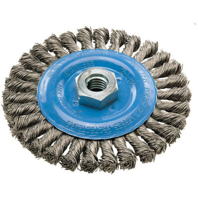 Brosse rotative à fils noués large, Dia. 5", Fils 0,02", Arbre 5/8"-11, Aluminium/Acier inoxydable