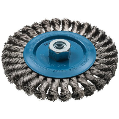 Brosse rotative à fils noués large, Dia. 6", Fils 0,02", Arbre 5/8"-11, Aluminium/Acier inoxydable