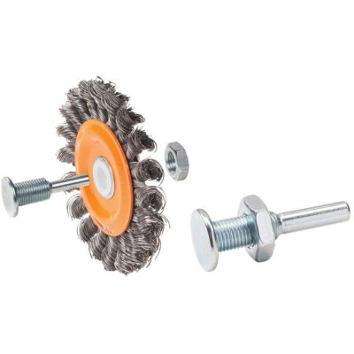 Brosse rotative montée à fils noués torsadés réversible, Dia. 4", Fils 0,0118", Arbre 5/8", Acier