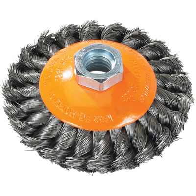 Brosse soucoupe à fils noués torsadés, Dia. 4", Arbre 5/8"-11, Acier