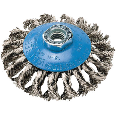 Brosse soucoupe à fils noués torsadés, Dia. 4", Arbre 5/8"-11, Acier