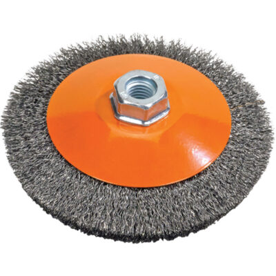 Brosse soucoupe à fils noués torsadés, Dia. 5", Fils 0,02", Arbre 5/8"-11, Acier
