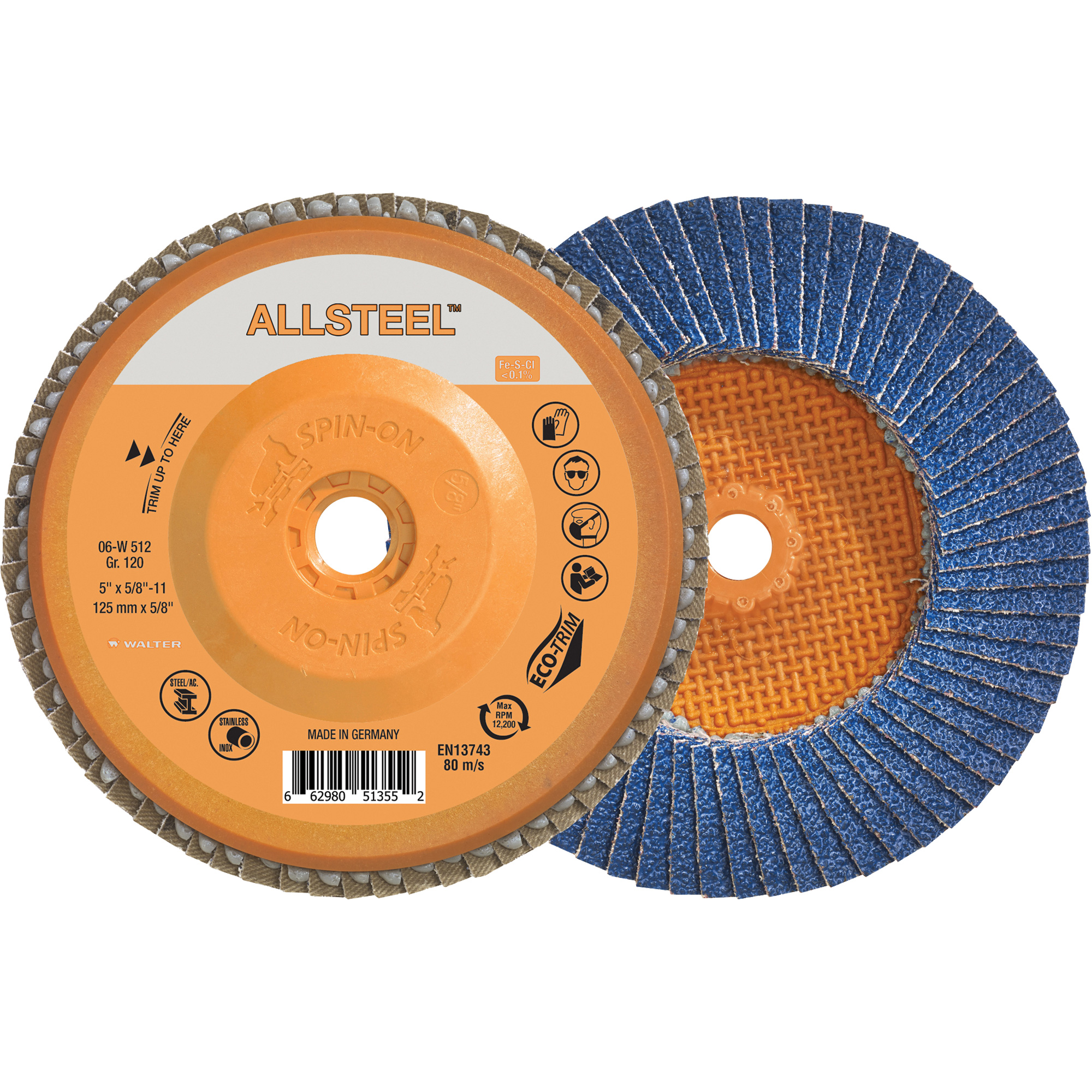 Disque à lamelles AllSteelMC, 5" x 5/8"-11, Type 27, Grain 120, Alumine de zirconium