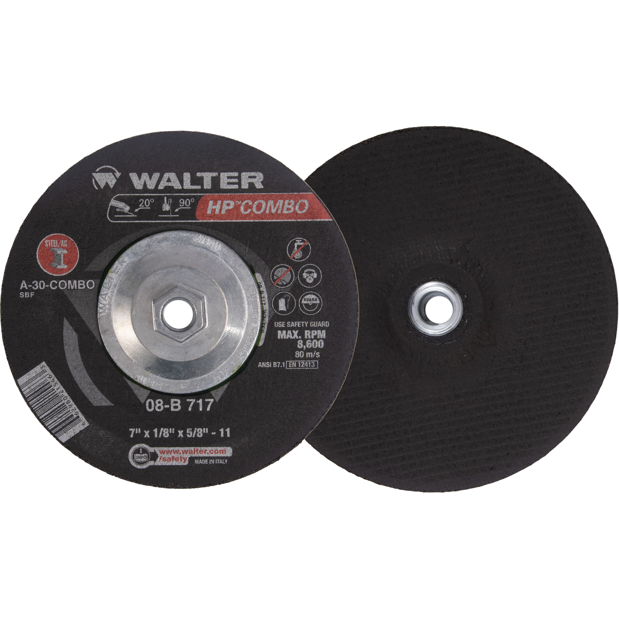 Disque combiné de meulage et tronçonnage HPMC, 7" x 1/8", Arbre de 5/8"-11, Type 27, Oxyde d'aluminium, 8600 Tr/min