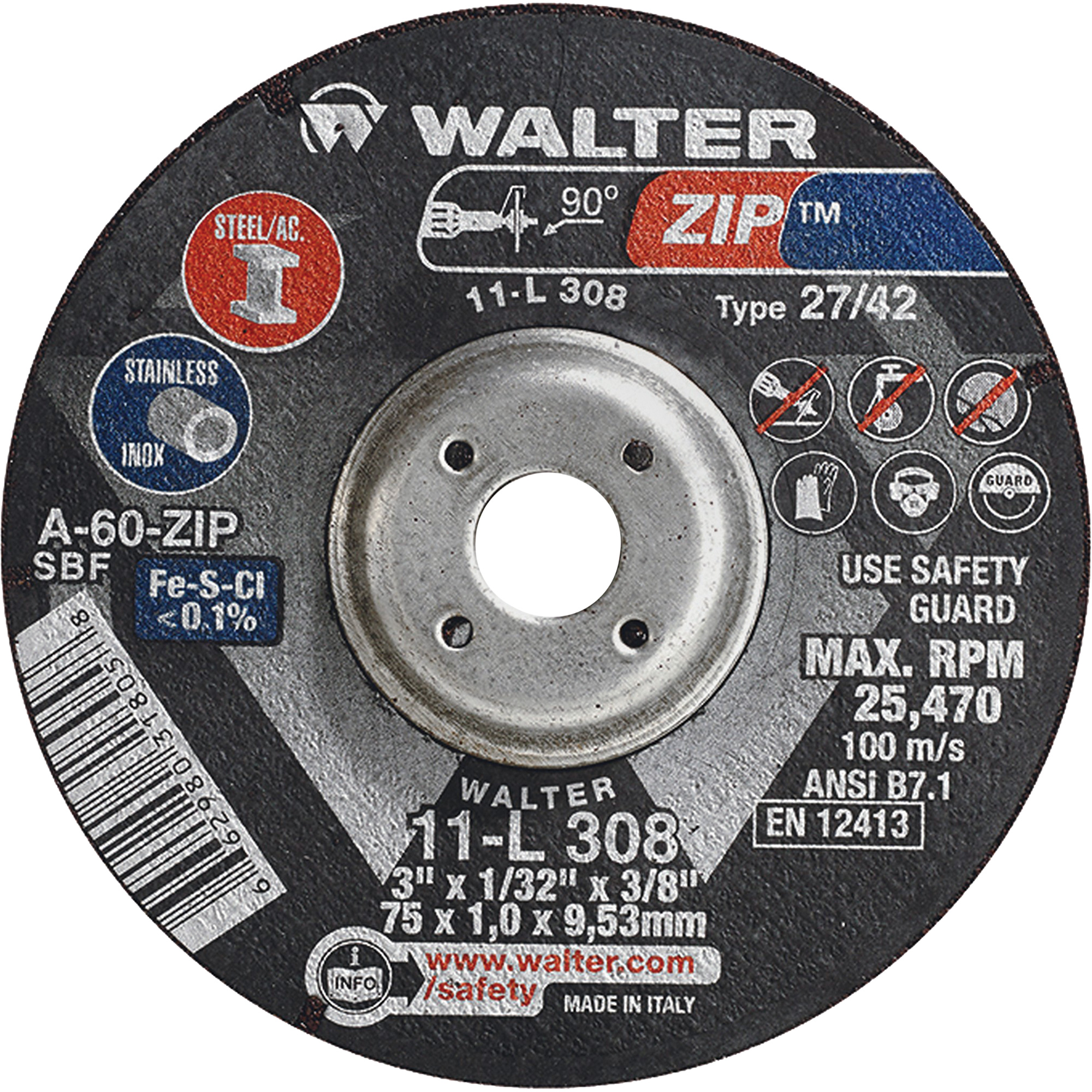 Disque de meulage et de tronçonnage ZipMC, 3" x 1/13", Arbre de 3/8", Type 27, Grain de 60, Oxyde d'aluminium