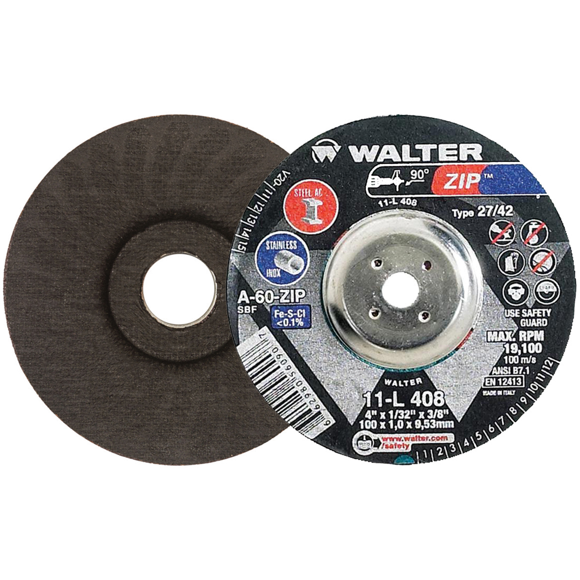 Disque de meulage et de tronçonnage ZipMC, 4" x 1/32", Arbre de 3/8", Type 27, Grain de 60, Oxyde d'aluminium