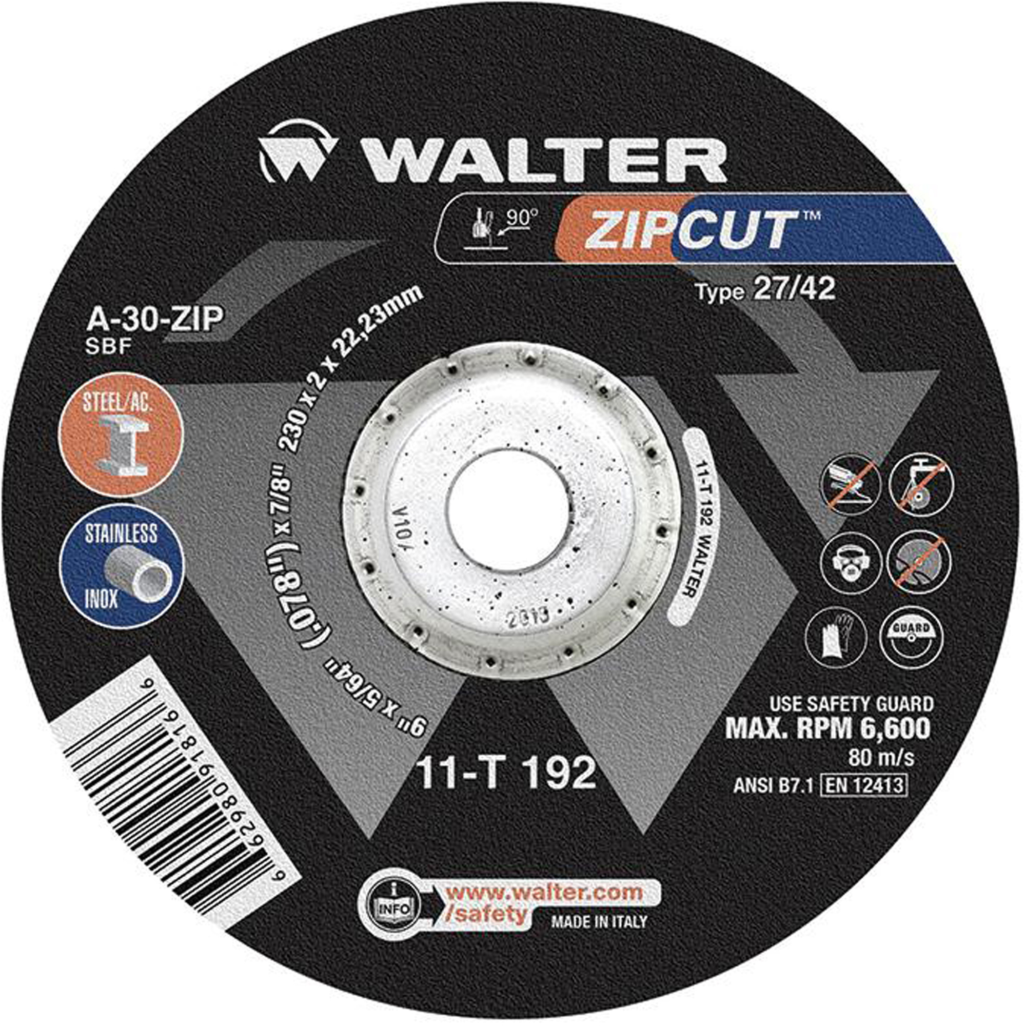 Meule à tronçonner à haute performance Zip+XtraMC, 9" x 5/64", Arbre de 7/8", Type 27, Oxyde d'aluminium, 6600 Tr/min