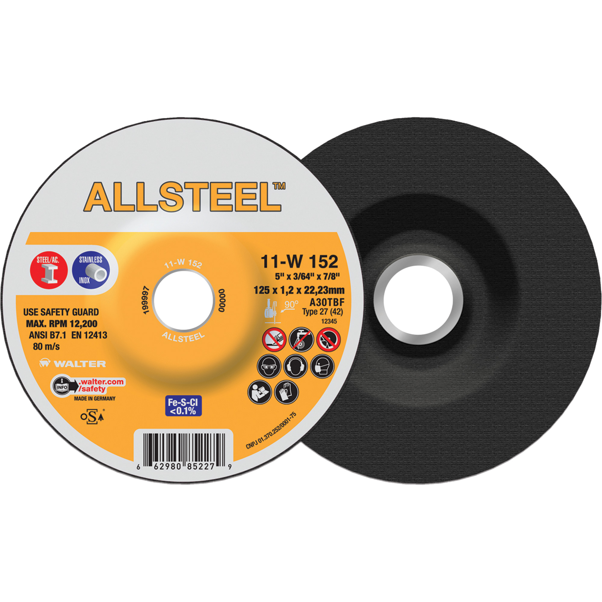 Meule à tronçonner AllSteelMC, 5" x 3/64", Arbre de 7/8", Type 27, Oxyde d'aluminium, 12250 Tr/min