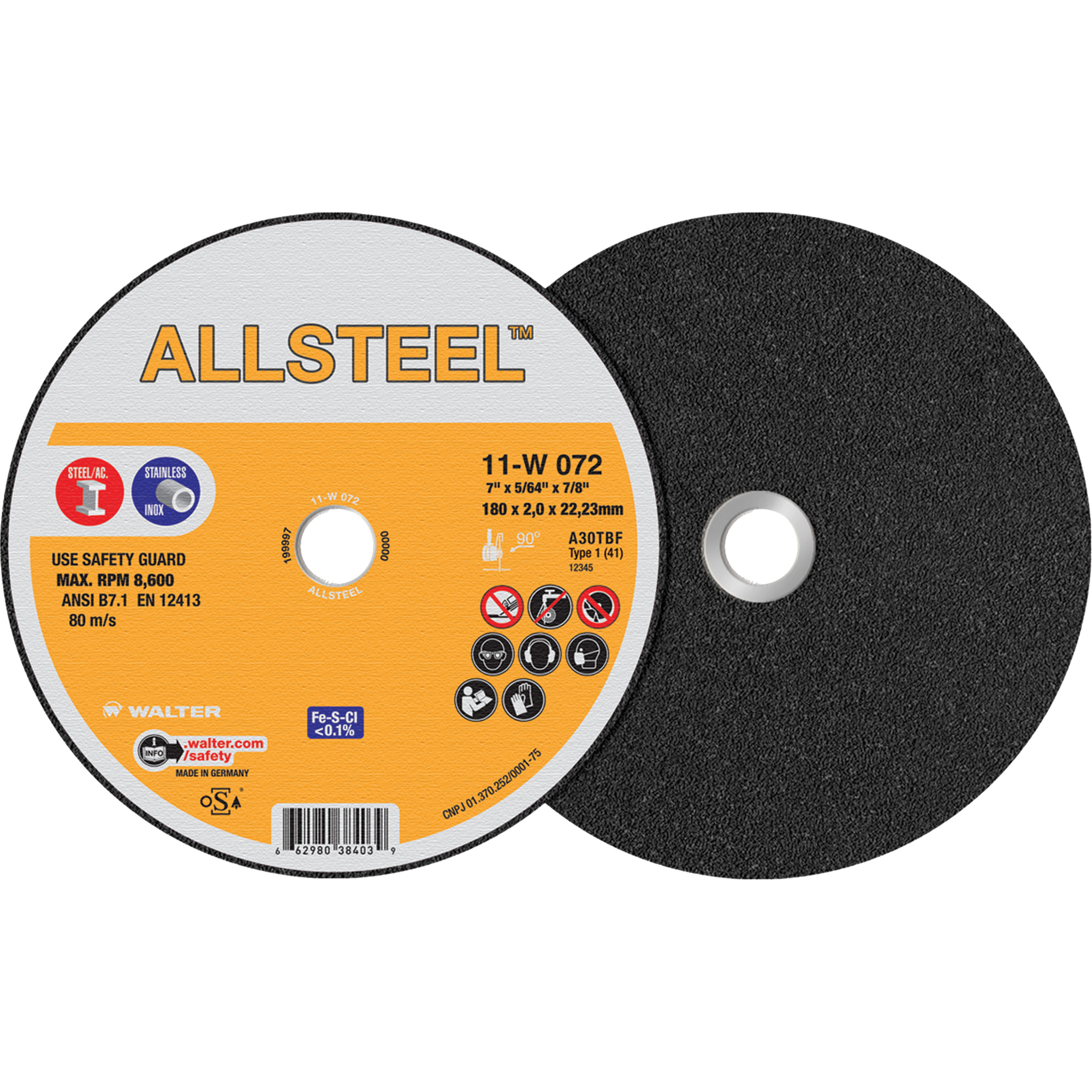 Meule à tronçonner AllSteelMC, 7" x 5/64", Arbre de 7/8", Type 1, Oxyde d'aluminium, 8500 Tr/min