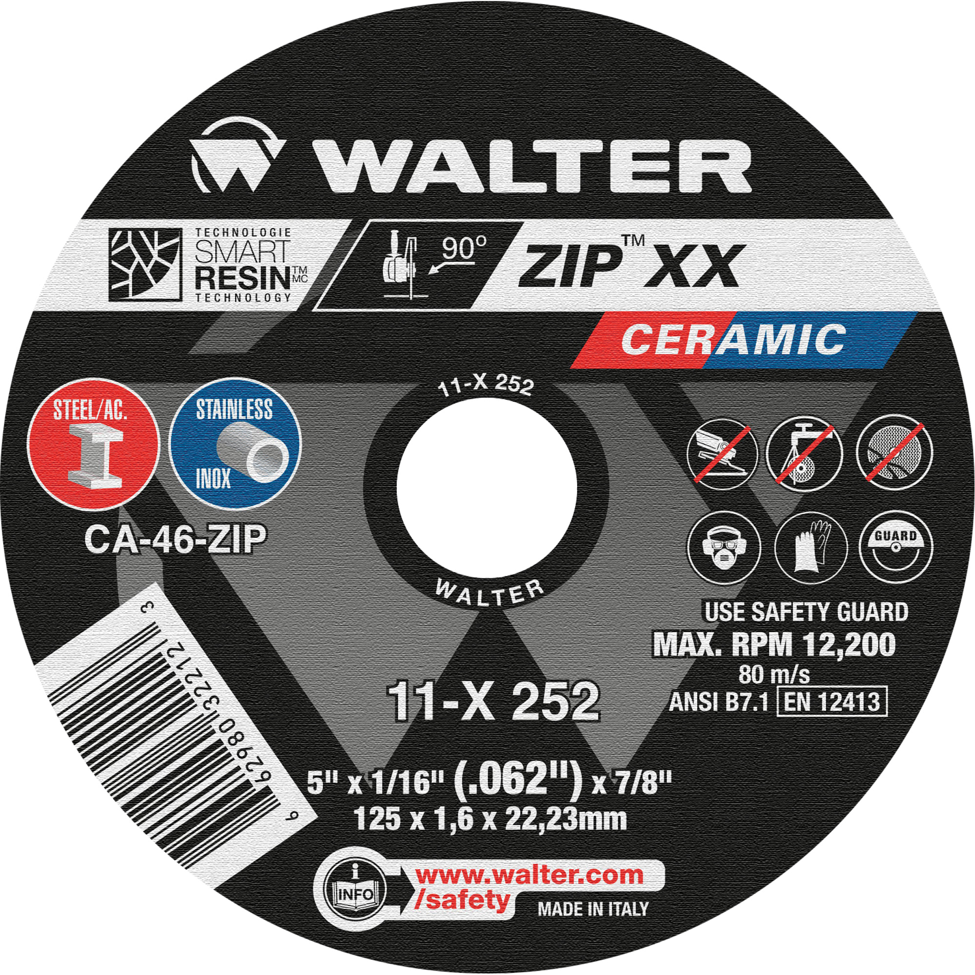 Meule à tronçonner en céramique ZipMC XX, 5" x 1/16", Arbre de 7/8", Type 1, Céramique, 12 200 Tr/min