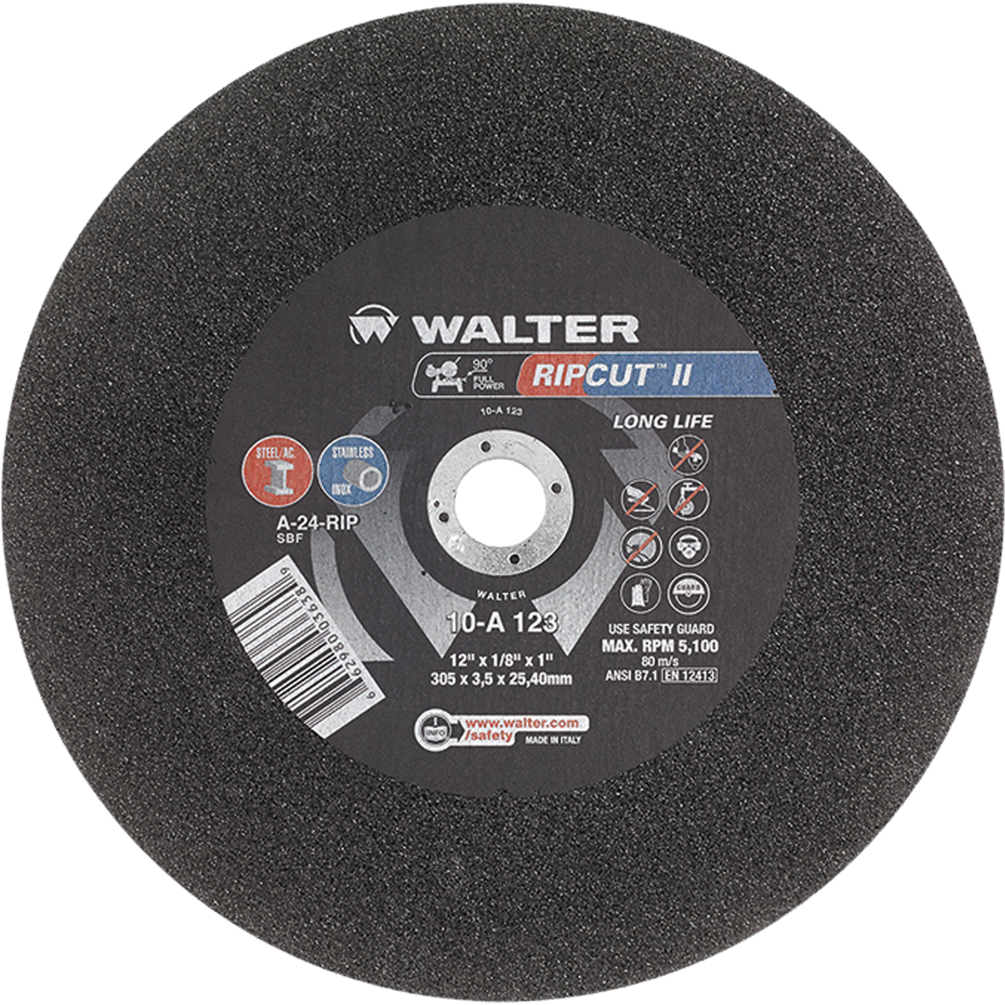 Meule à tronçonner haute performance Ripcut IIMC pour scies fixes, 12" x 1/8", Arbre de 1", Type 1, Oxyde d'aluminium, 5100 Tr/min