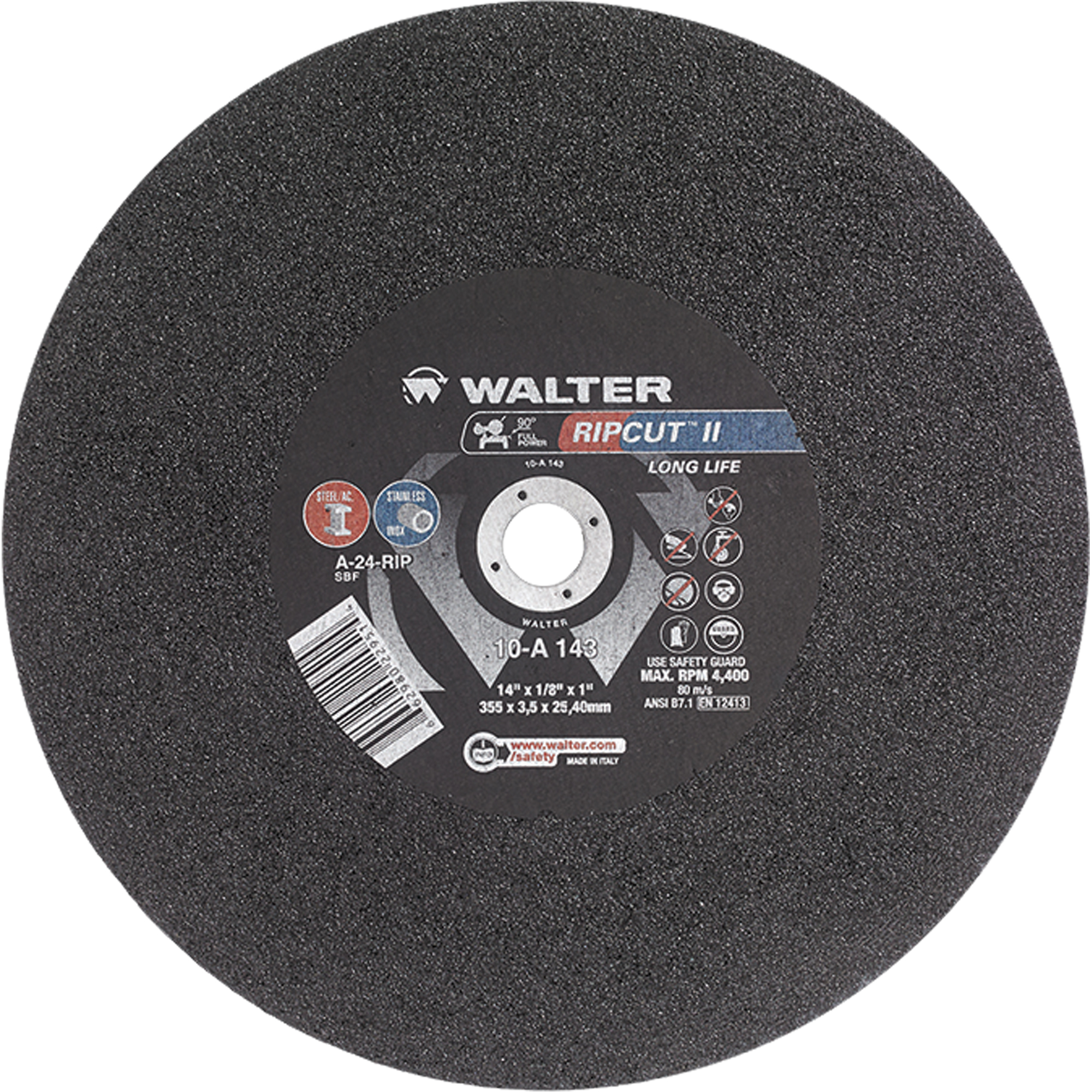Meule à tronçonner haute performance Ripcut IIMC pour scies fixes, 14" x 1/8", Arbre de 1", Type 1, Oxyde d'aluminium, 4400 Tr/min