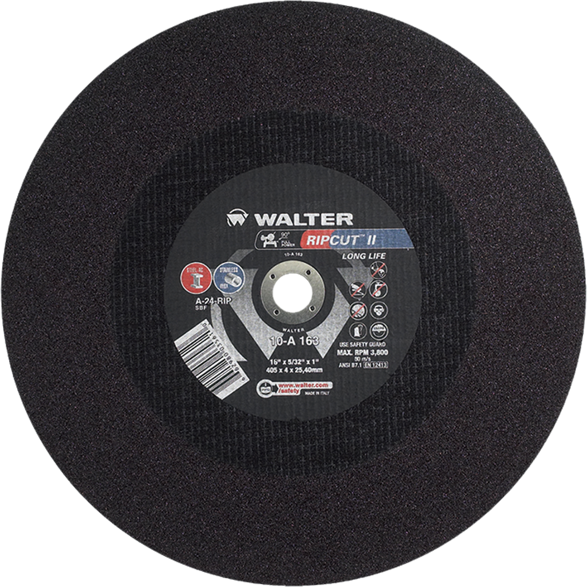 Meule à tronçonner haute performance Ripcut IIMC pour scies fixes, 16" x 5/32", Arbre de 1", Type 1, Oxyde d'aluminium, 3800 Tr/min