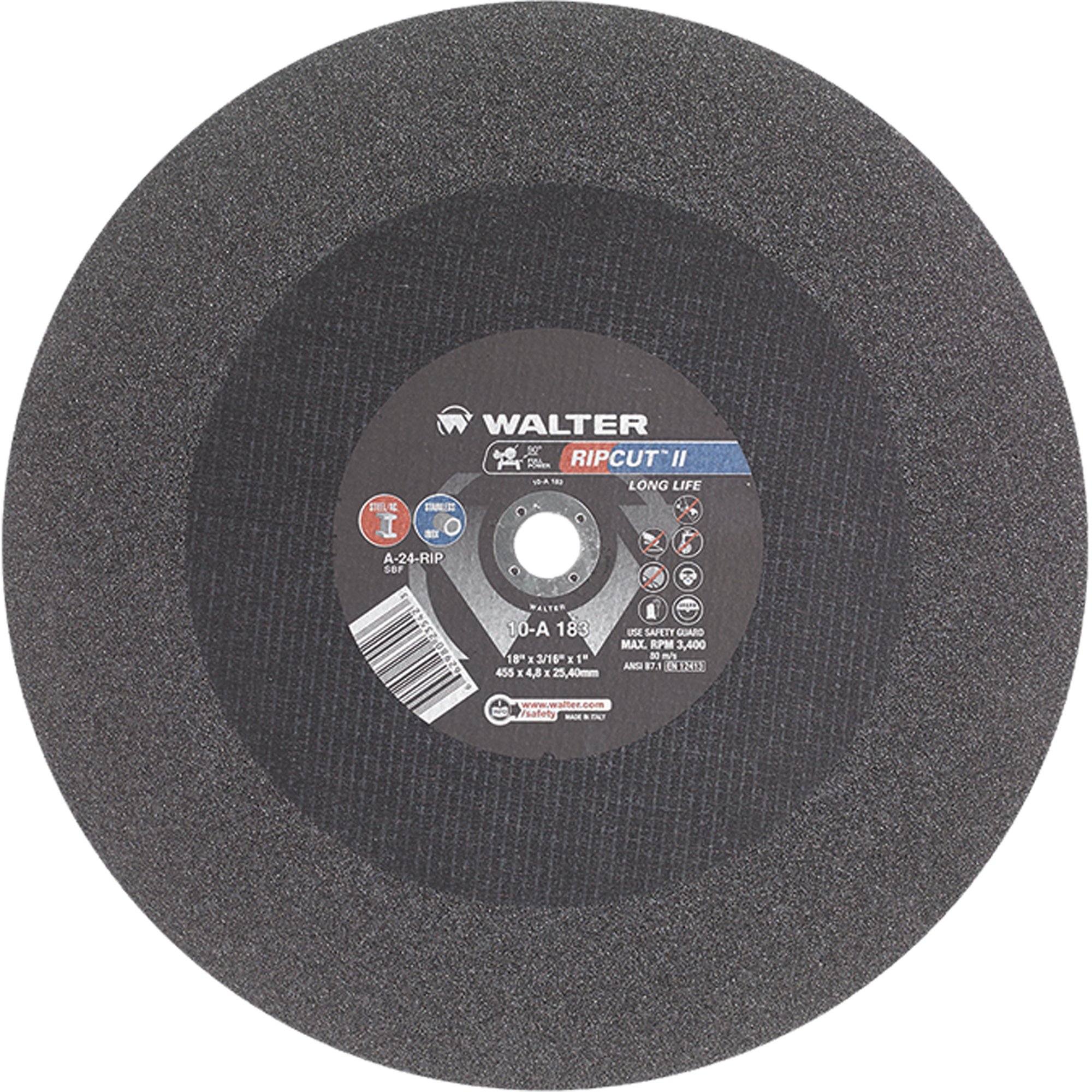 Meule à tronçonner haute performance Ripcut IIMC pour scies fixes, 18" x 3/16", Arbre de 1", Type 1, Oxyde d'aluminium, 3400 Tr/min