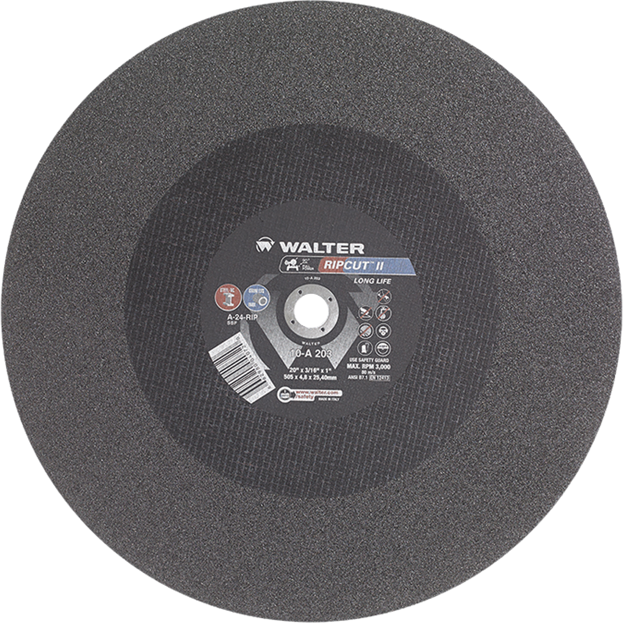 Meule à tronçonner haute performance Ripcut IIMC pour scies fixes, 20" x 3/16", Arbre de 1", Type 1, Oxyde d'aluminium, 3000 Tr/min