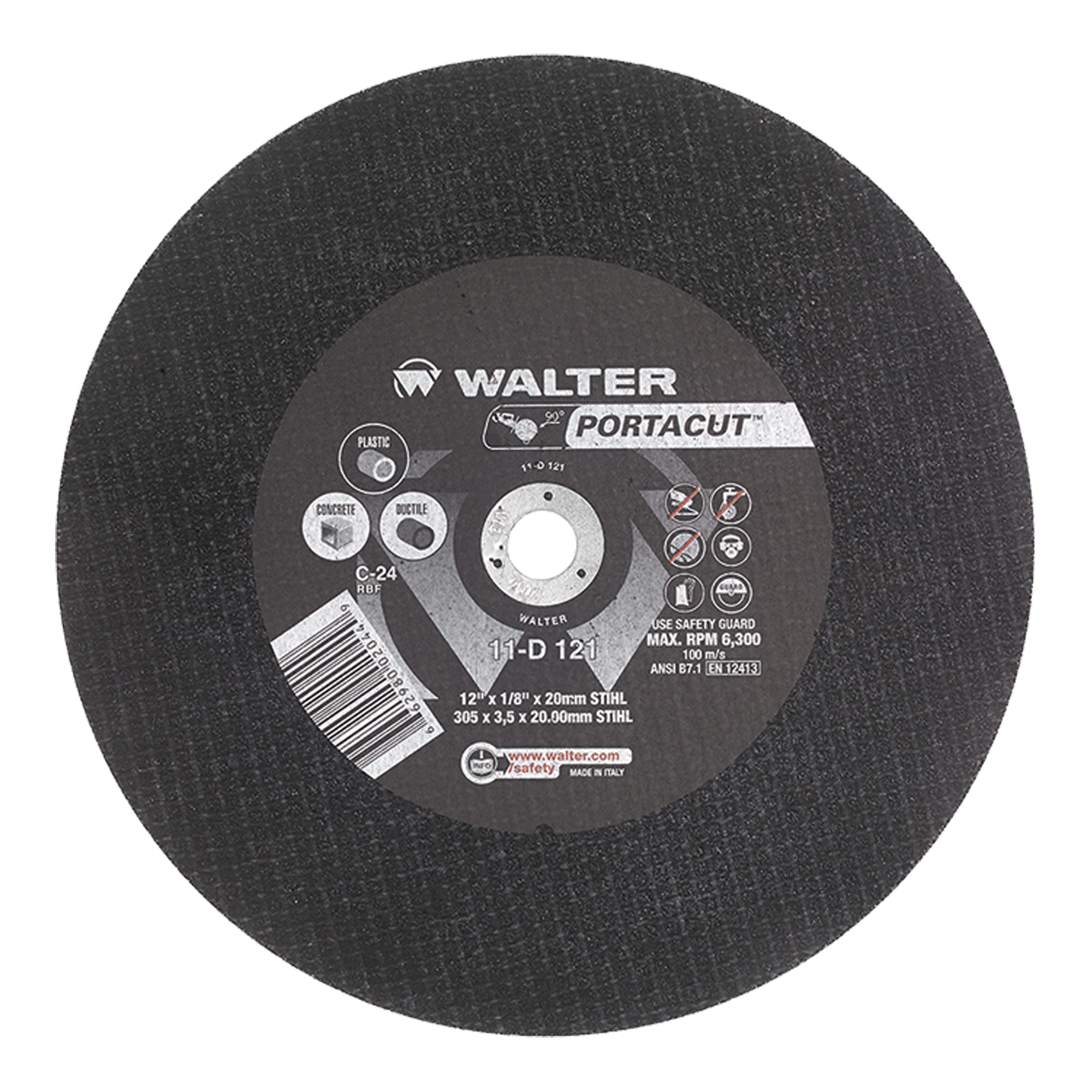 Meule à tronçonner rapide en acier inoxydable PortacutMC, 12" x 1/8", Arbre de 1", Type 1, Carbure de silicium, 6300 Tr/min