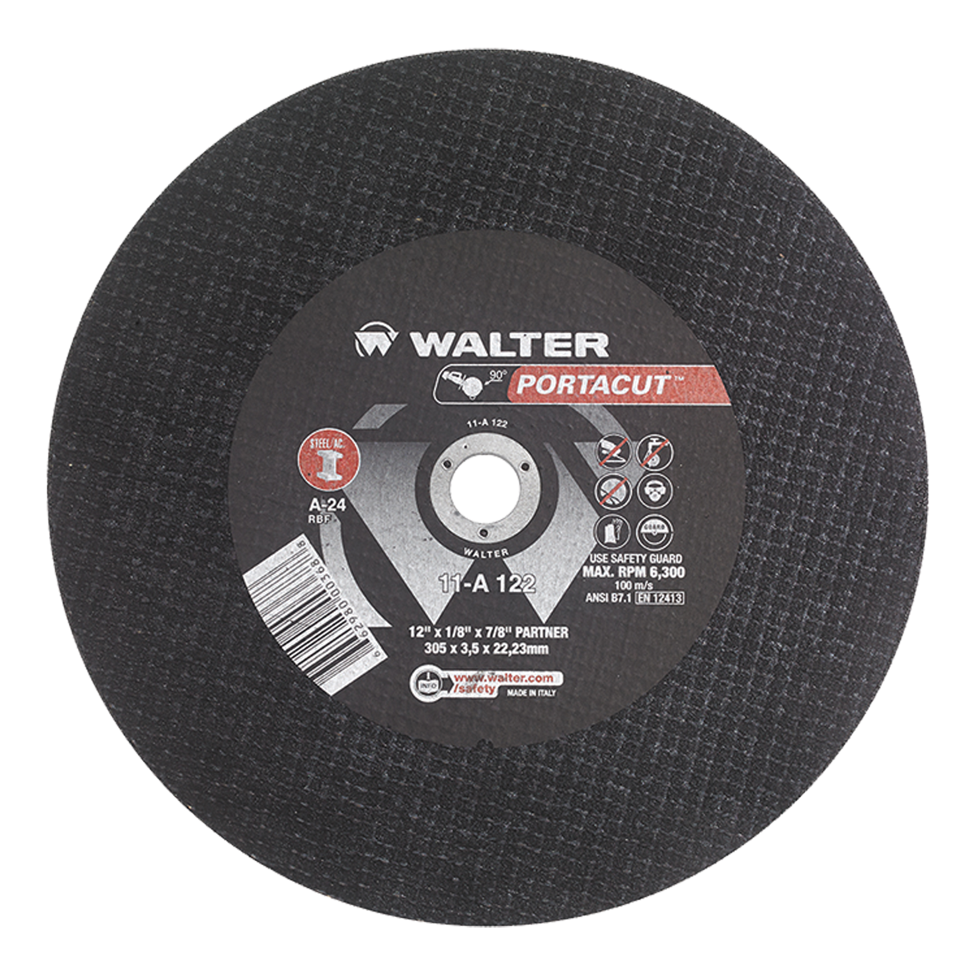 Meule à tronçonner rapide en acier inoxydable PortacutMC, 12" x 1/8", Arbre de 7/8", Type 1, Oxyde d'aluminium, 6300 Tr/min