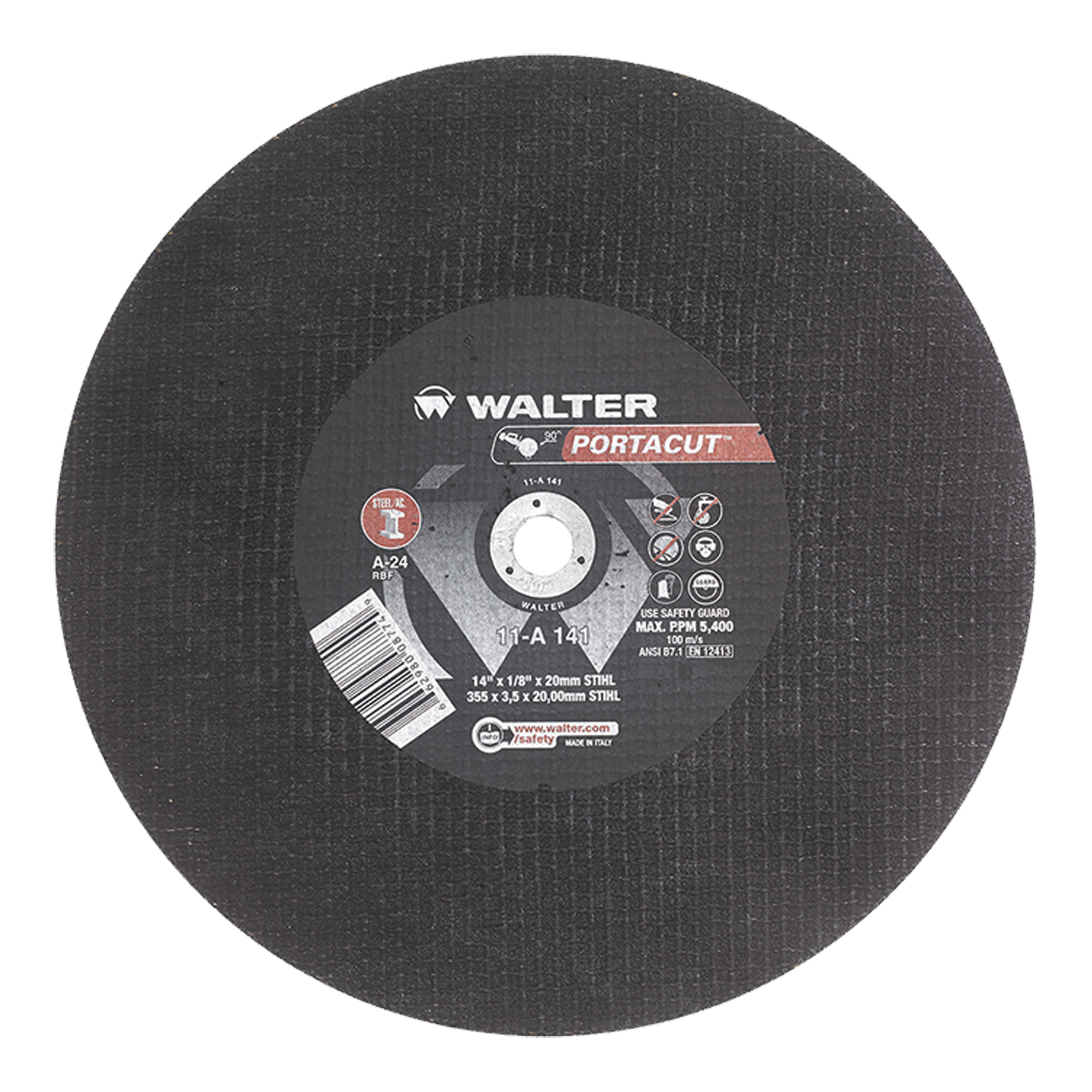 Meule à tronçonner rapide en acier inoxydable PortacutMC, 14" x 1/8", Arbre de 3/4", Type 1, Oxyde d'aluminium, 5400 Tr/min