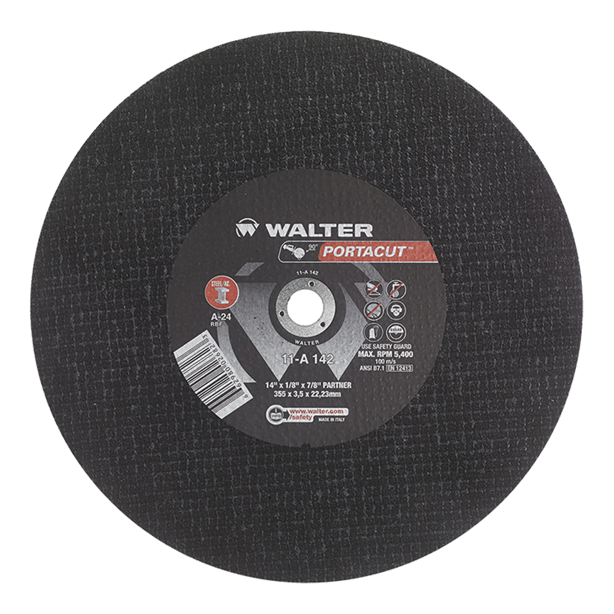 Meule à tronçonner rapide en acier inoxydable PortacutMC, 14" x 1/8", Arbre de 7/8", Type 1, Oxyde d'aluminium, 5400 Tr/min