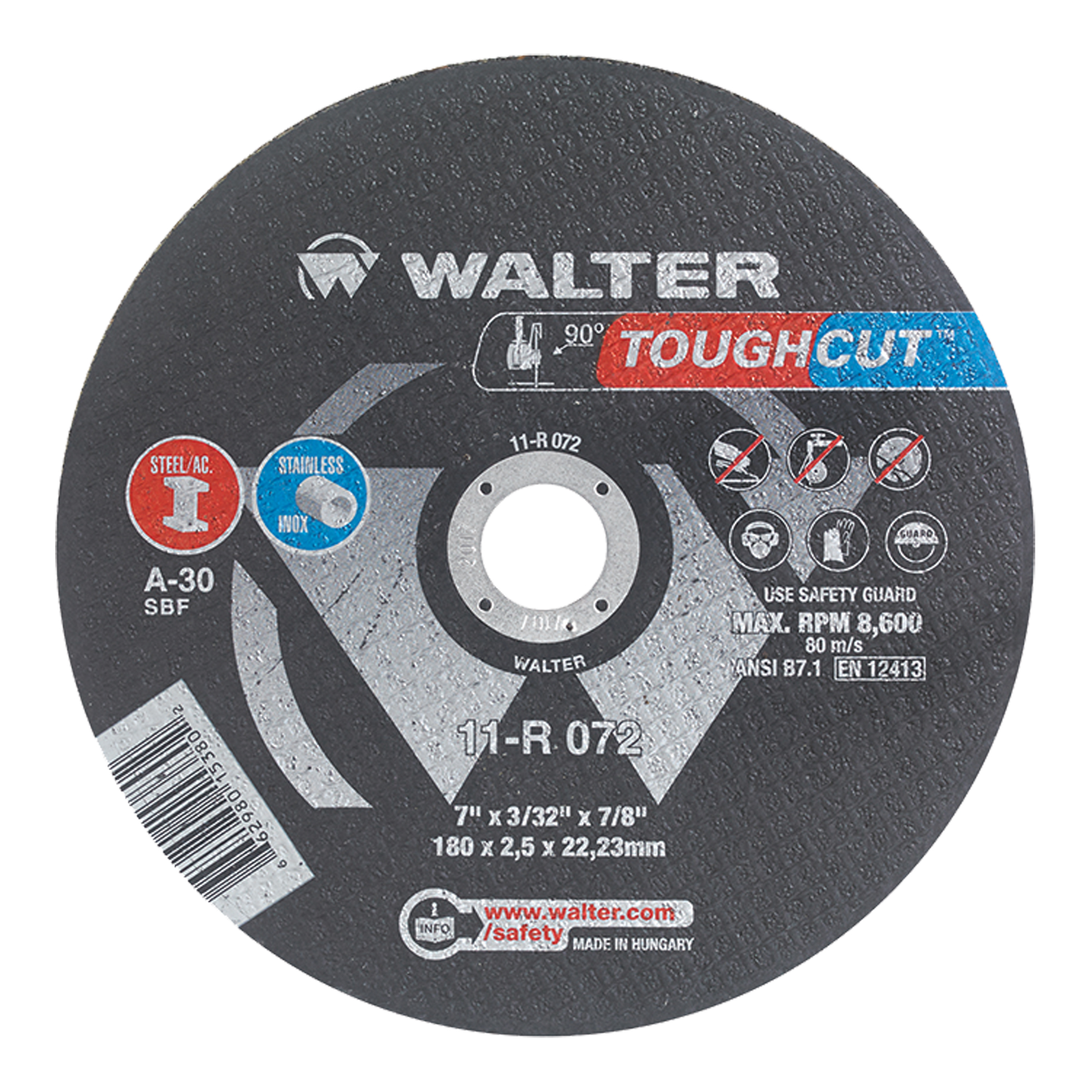 Meule à tronçonner renforcée ToughcutMC, 7" x 3/32", Arbre de 7/8", Type 1, Oxyde d'aluminium, 8600 Tr/min