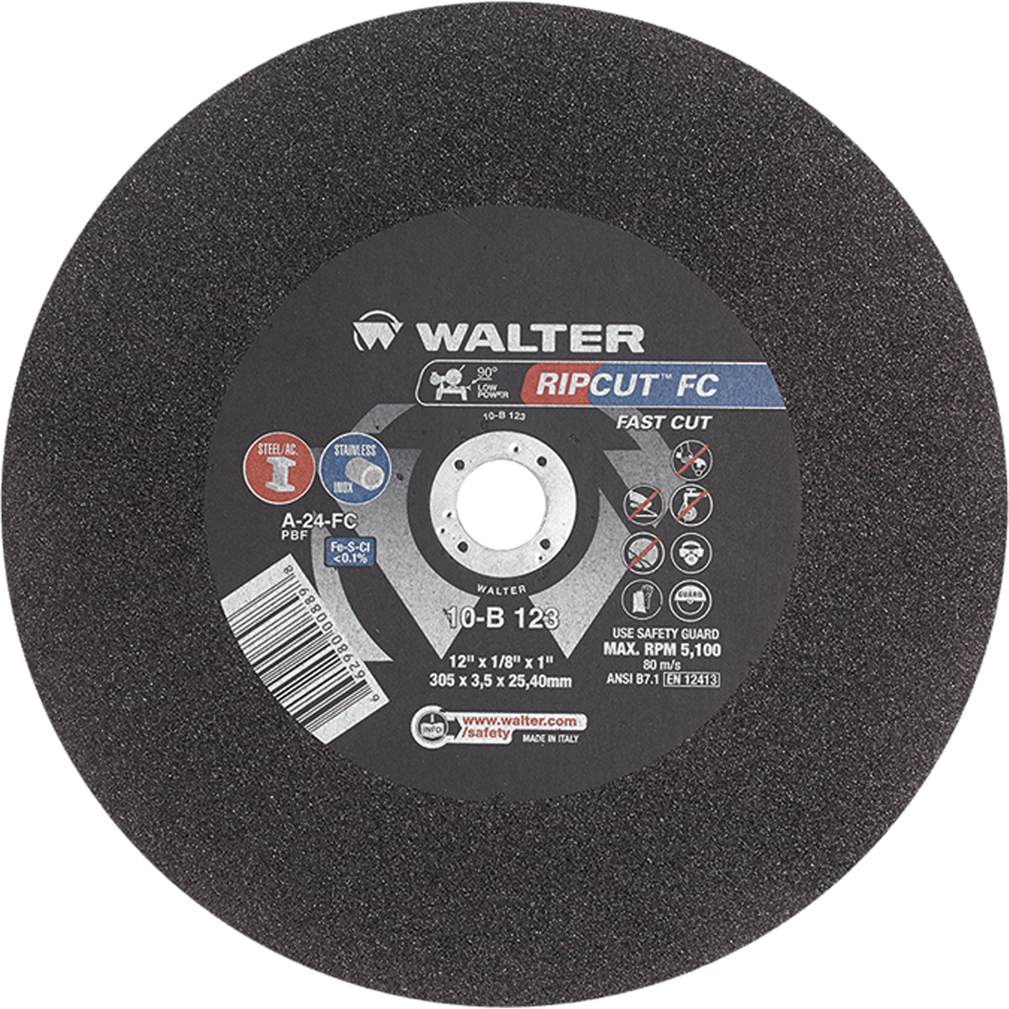 Meule à tronçonner Ripcut IIMC pour la coupe de l'acier inoxydable et l'acier sur scies fixes, 12" x 1/8", Arbre de 1", Type 1, Oxyde d'aluminium, 5100 Tr/min
