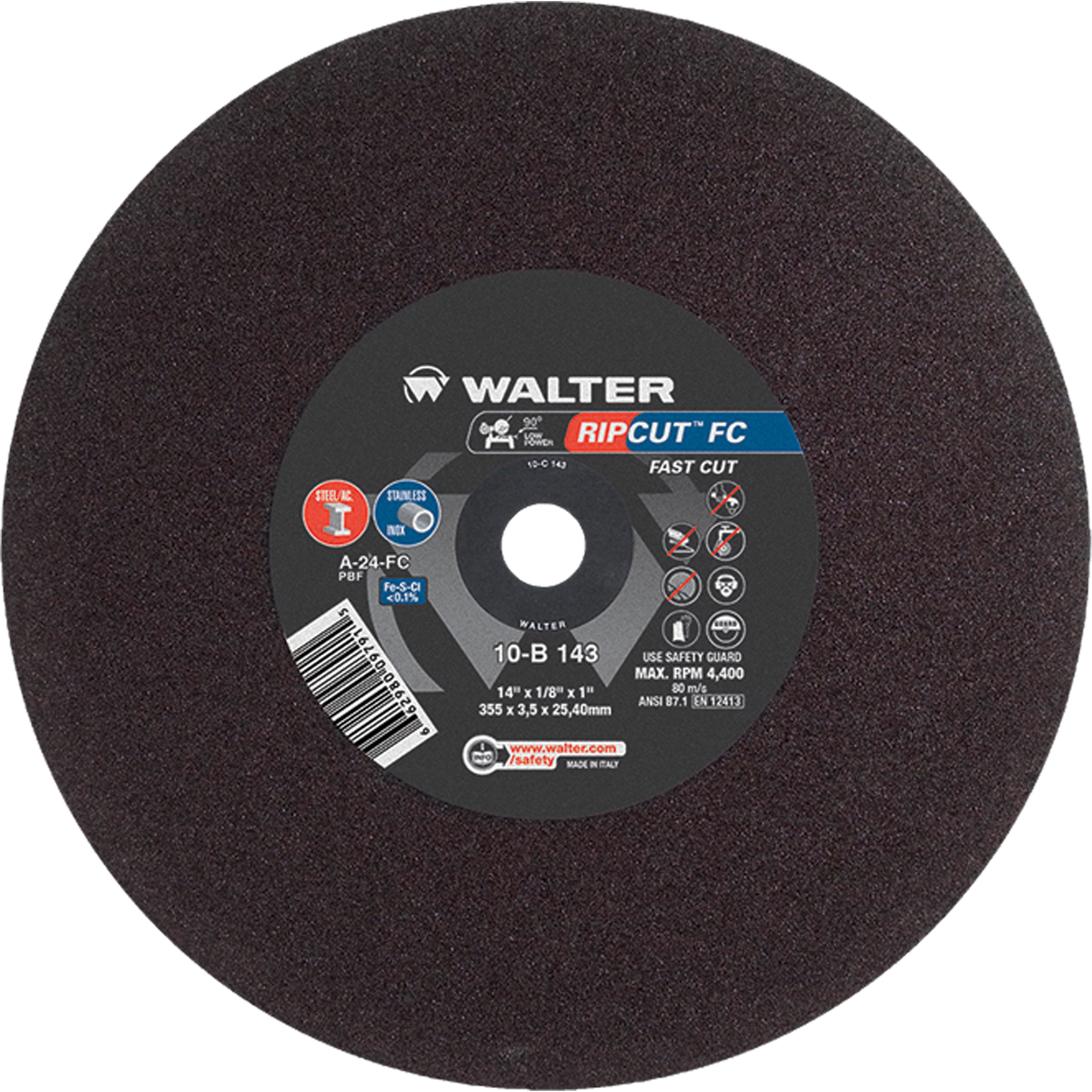 Meule à tronçonner Ripcut IIMC pour la coupe de l'acier inoxydable et l'acier sur scies fixes, 14" x 1/8", Arbre de 1", Type 1, Oxyde d'aluminium, 4400 Tr/min